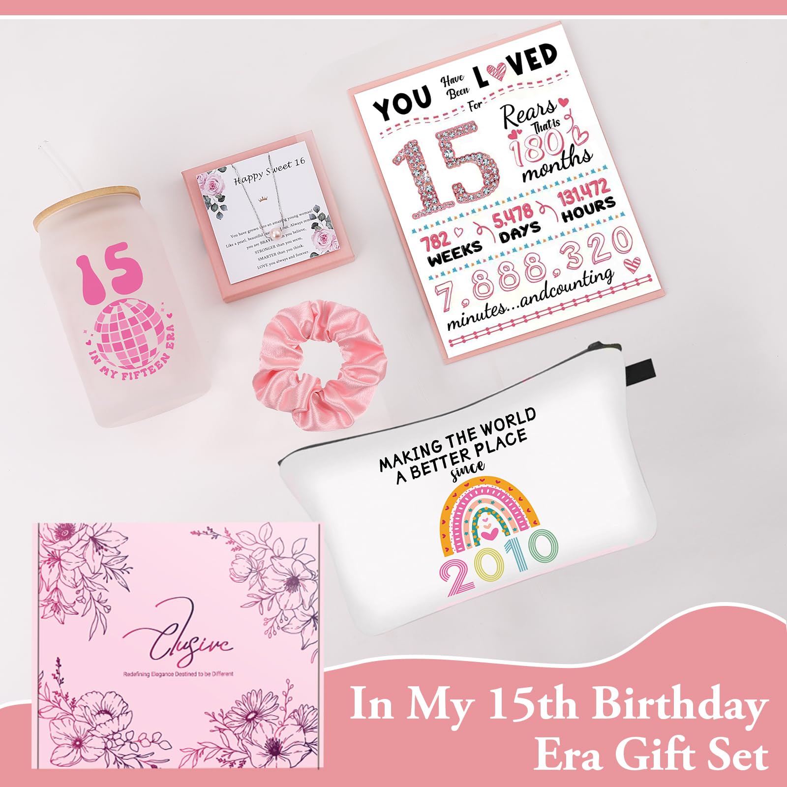 SIPBYSOP 15th Birthday Gift Set for Girls Born in 2010: Glass Cup, Necklace, Socks, Cosmetic Bag, Card - Cute 15 Year Old Girl Gifts