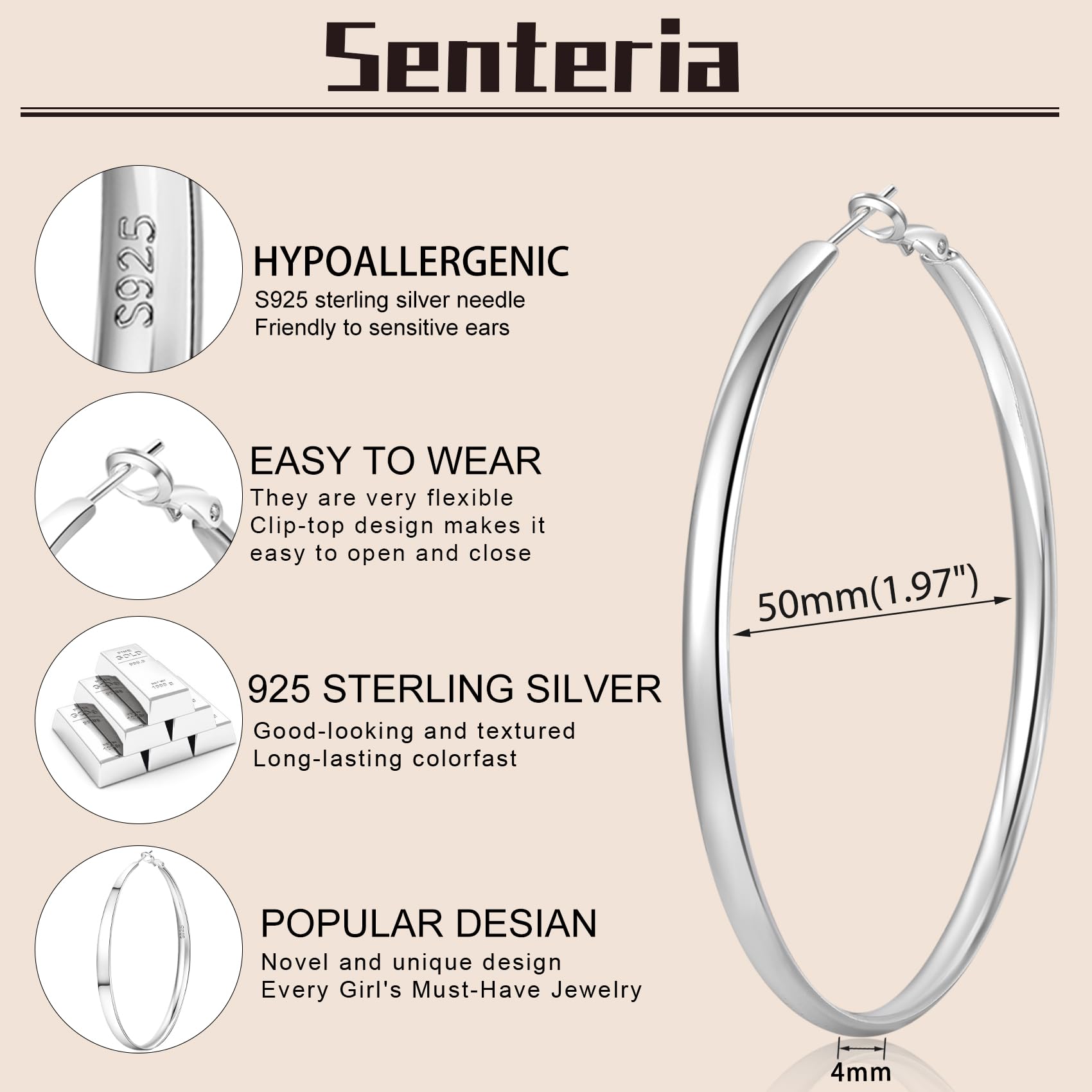 Senteria 4MM Wide Large Silver Hoop Earrings, Hypoallergenic 925 Silver Hoop Earrings Fashion Lightweight Oversize Silver Hoop Earrings for Women Girls Christmas Gift 50MM