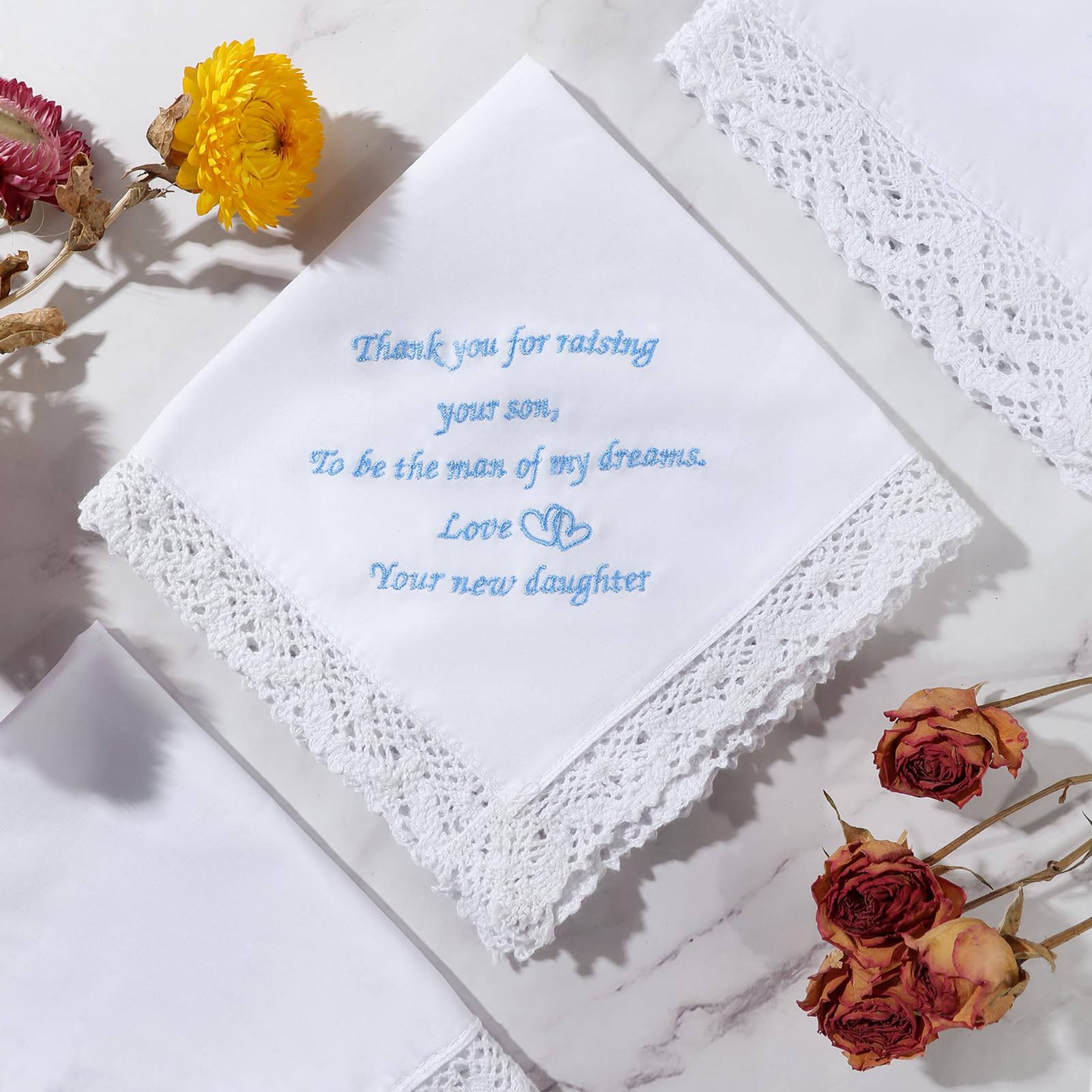 PACGOTH Wedding Handkerchiefs Something Blue for Bride, Mother Of The Bride Gifts Embroidered White Lace Handkerchiefs (Parents of Groom)