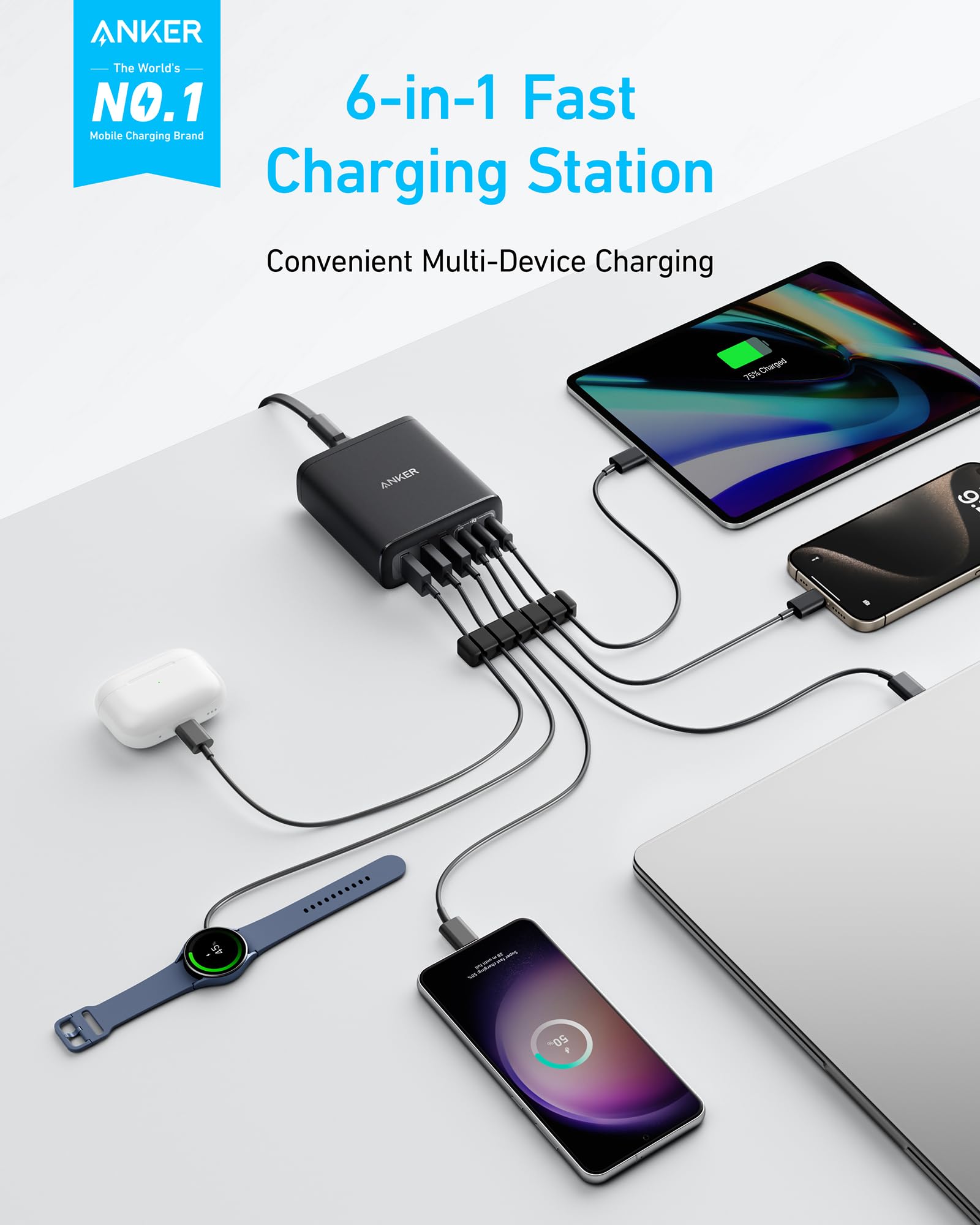 Anker Desktop Charger, Fast Charging USB C Charger, 112W Max 6-Port Charging Station, for iPhone, iPad, MacBook, Samsung and More (Cable Not Included)