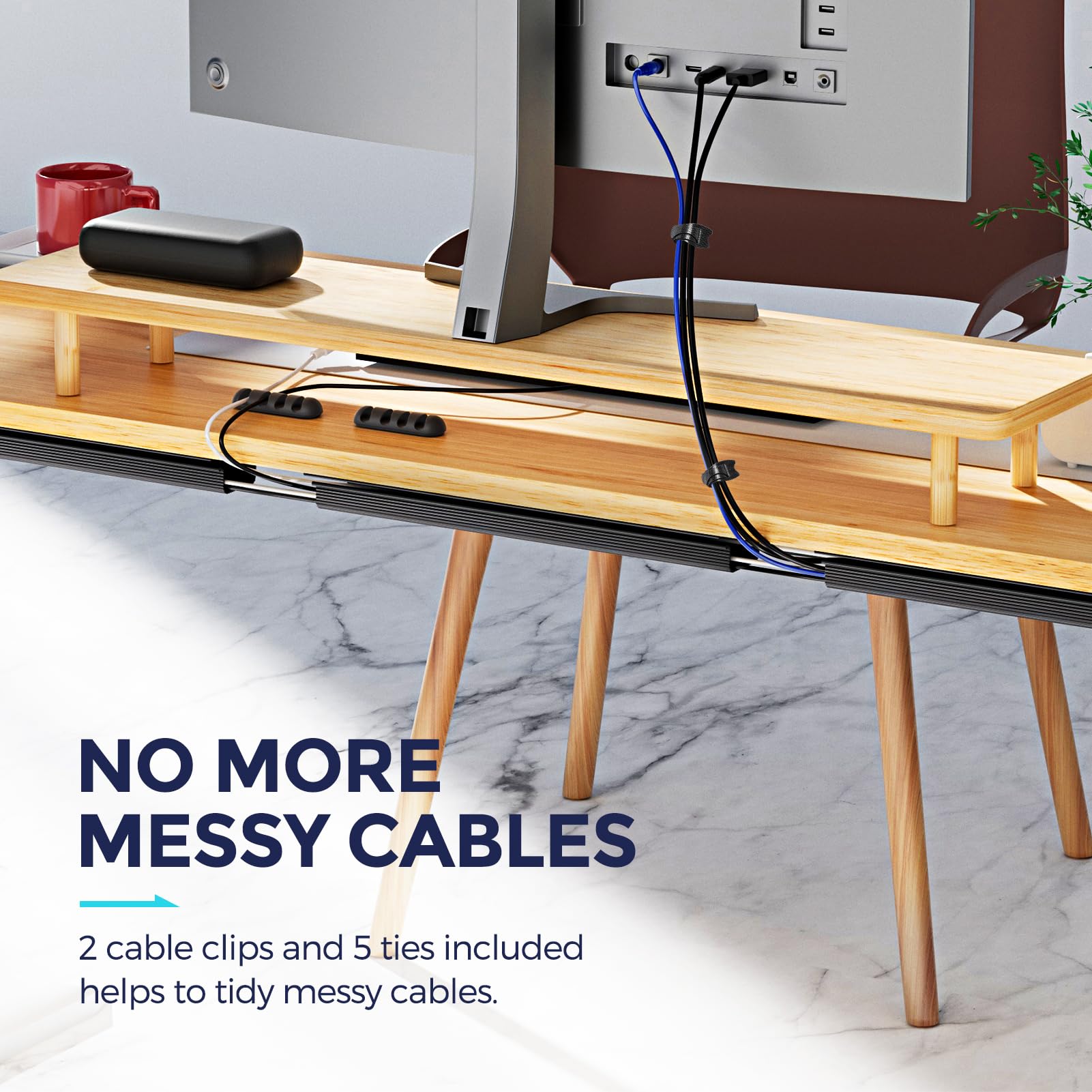 Cable Management Under Desk 31.5'' J Channel Cable Raceway, 2 Pack Cord Hider Desk Cable Tray, No Drilling Under Desk Cable Management Tray, Self Adhesive Desk Wire Management, 15.7x1.1x2.4 in, Black