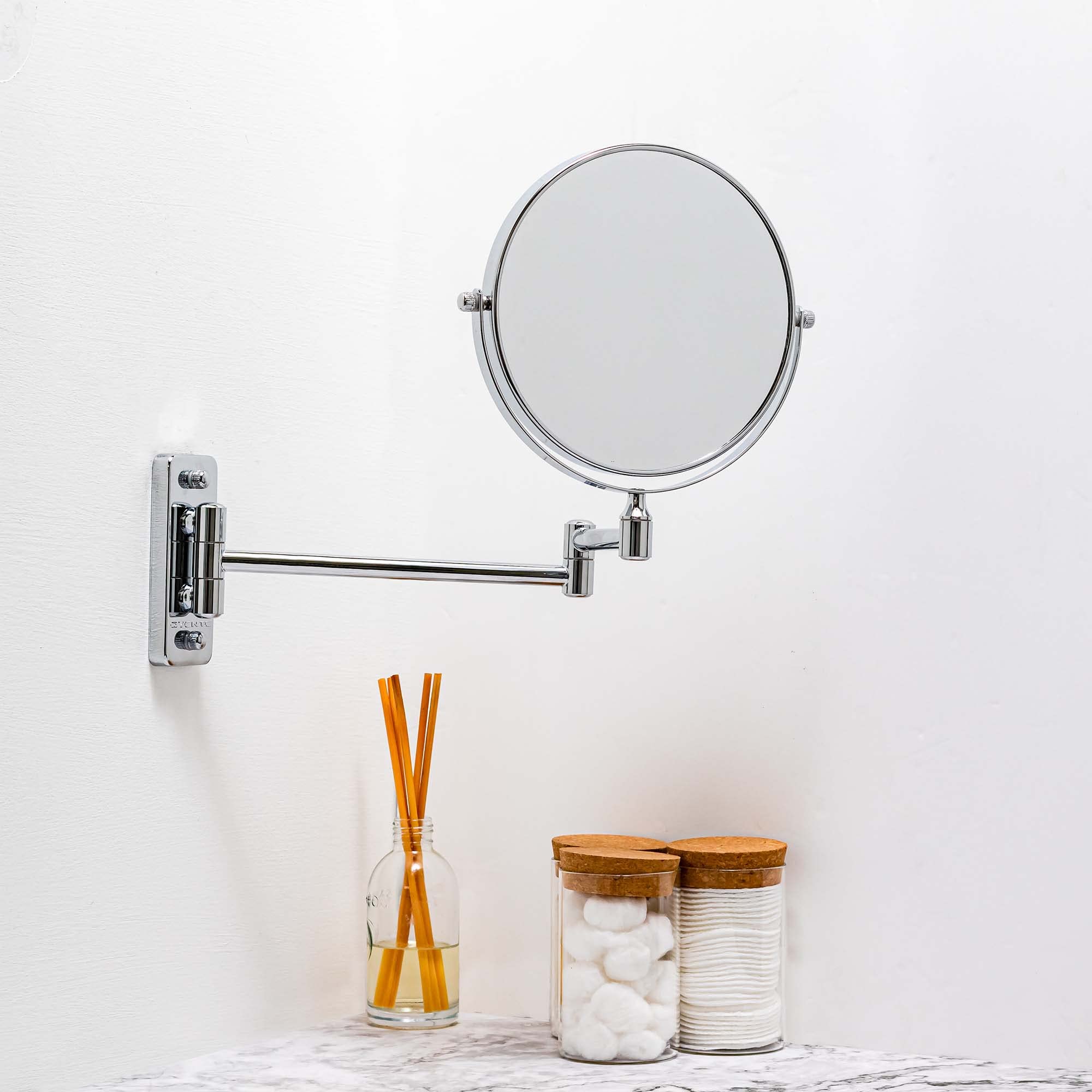 OVENTE 7" Wall Mounted Makeup Mirror with 1X/10X Magnification, Double Sided Magnifying Round Bathroom Vanity Mirror, 360° Swivel Design, Extendable and Folding Arm, Polished Chrome MNLFW70CH1X10X