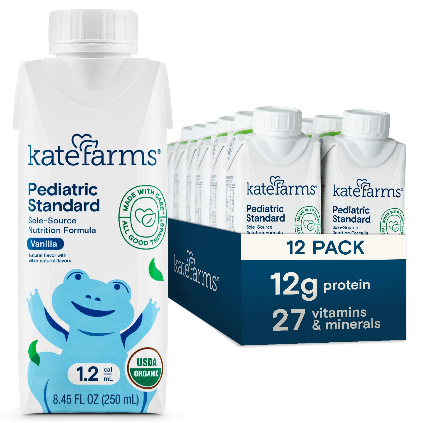 KATE FARMS Organic Pediatric 1.2 Sole-Source Vanilla Nutrition Shake, 12g protein, 27 Vitamins and Minerals, High Calorie Meal Replacement, Gluten Free, 8.45 oz (12 pack)