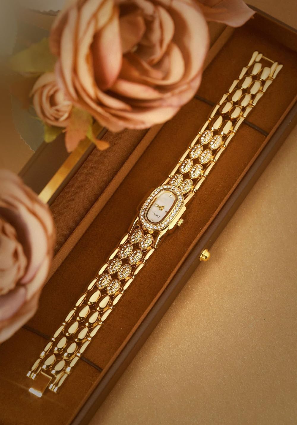 BESTKANG Dainty Watches for Women Vintage Rhinestone Bracelet Wrist Watch Luxury Small Ladies Oval Quartz Watch (Gold White)