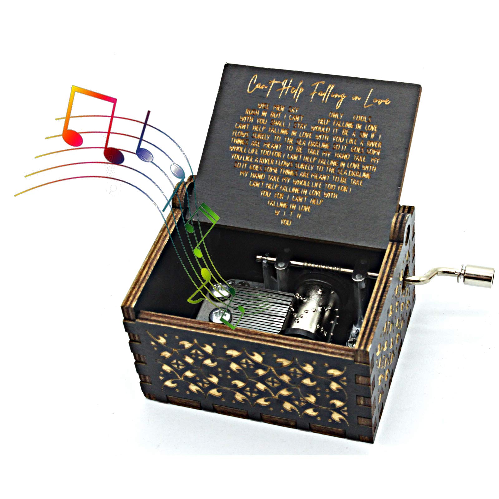 Can't Help Falling in Love Wood Music Box, Antique Engraved Musical Boxes Case for Love One Wooden Music Box - Gifts for Lover, Boyfriend, Girlfriend, Husband, Wife (BLACK)