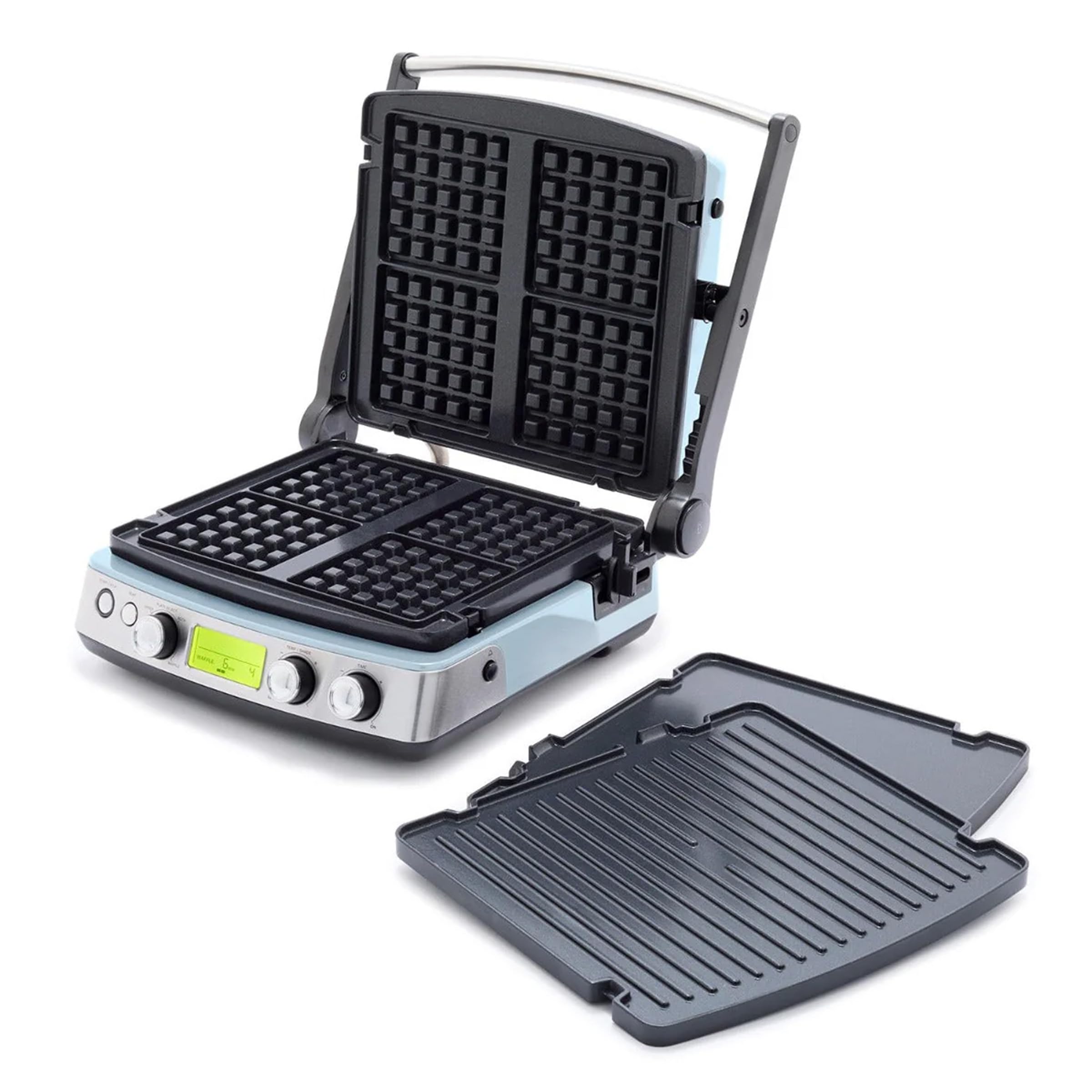 GreenPan Elite 7-in-1 Multi-Function Contact Grill & Griddle, Healthy Ceramic Nonstick Aluminum, Grill & Waffle Plates, Adjustable Shade & Shear, Closed Press/Open Flat Surface, PFAS-Free, Blue Haze