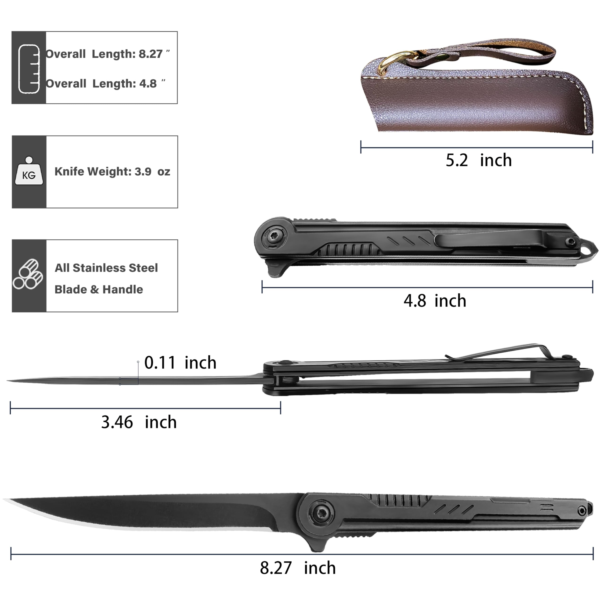 Ogival Folding Knife, 3.5 inch Pocket Knife with Leather Sheath and Pocket Clip,Edc Knife for Men and Women