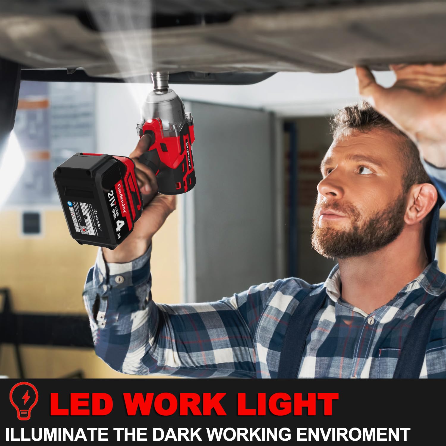 GardenJoy 1/2-Inch Cordless Impact Wrench: 21v Brushless Power Wrench Max Torque 450 Ft-lbs with 3 Mode Speed, 4.0Ah Battery, Charger, 6pcs Sockets and Tool Case, Electric Impact Gun Kit for Car Home