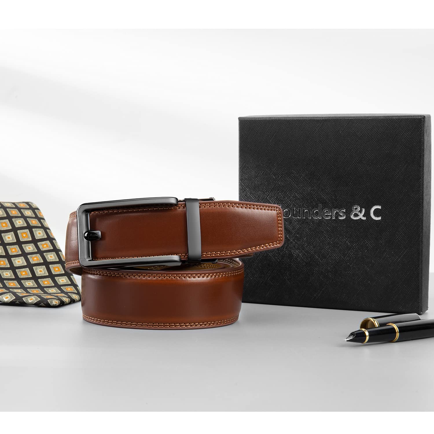 Founders & C Men's Leather Ratchet Comfort Click Belt Dress with Slide Buckle -Adjustable Trim to Fit (28"-42" Waist Adjustable, Burnt Umbe/Cognac)