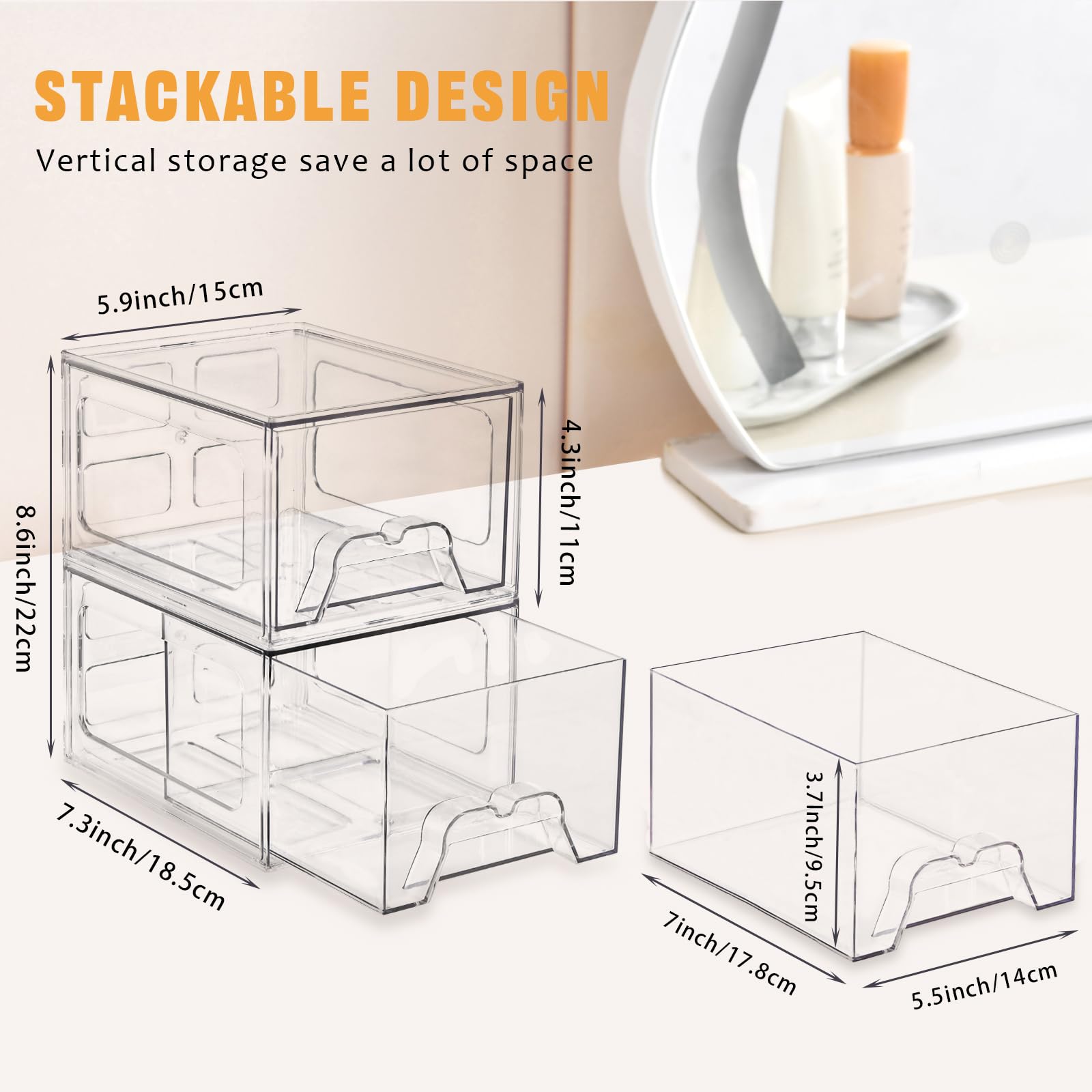 Stebopum 6 Pack Stackable Makeup Organizer, 4.4'' Tall Acrylic Bathroom Makeup Organizer and Storage Drawer with Pull-out Handle, Clear Plastic Storage Bins for Vanity,Pantry,Desk,Undersink,Kitchen