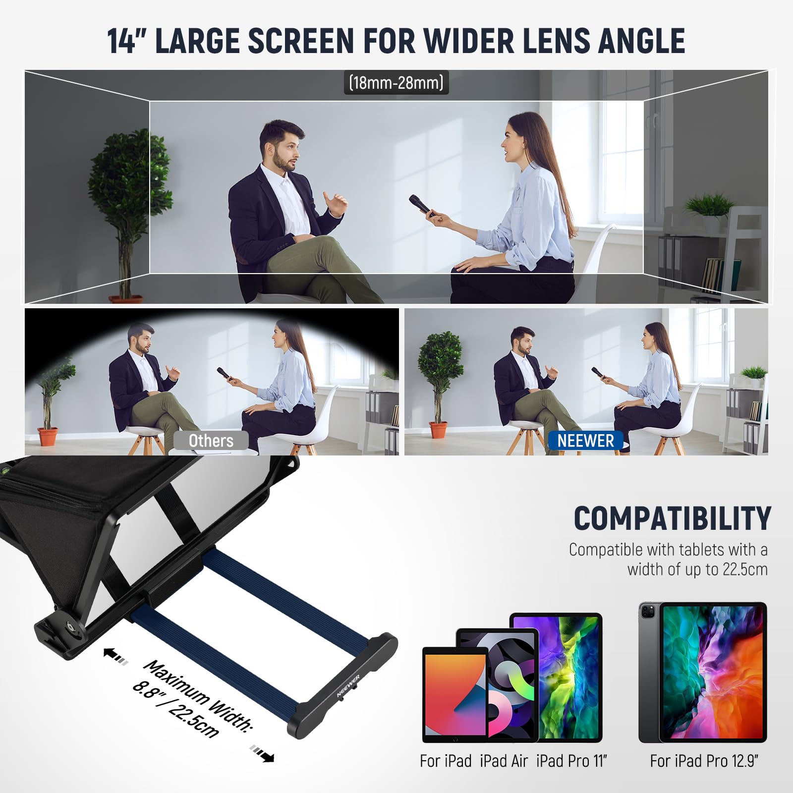 Neewer Teleprompter X14 III with RT113 Remote/App Control, 45° Tilt 14" Beamsplitter All Metal Frame Upgraded Camera Mount QR Plate Compatible with Manfrotto 501PL for iPhone iPad DSLR, Assembly Free