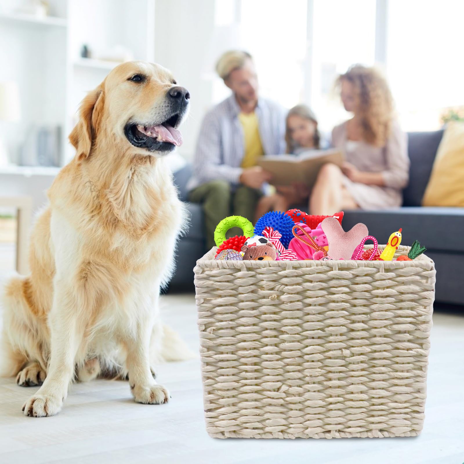 Brabtod Dog Toy Basket Rectangle Dog Toy Bin Wicker Basket Dog Organizer Farmhouse Decor Rattan Basket Water Hyacinth Basket for for Dog Toys/Pet Supplies