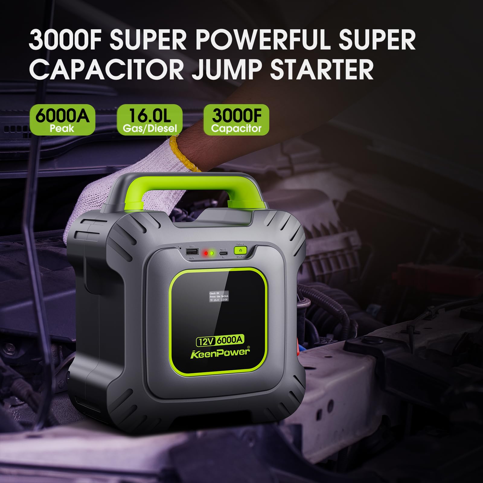 KeenPower 6000A Super Capacitor Battery-Less Portable Jump Starter for 12V Car, Built-in 6 * 3000F Supercapacitor, No Pre-Charging Need, Extremely Safe, Always Ready Jump Start All 12V Car