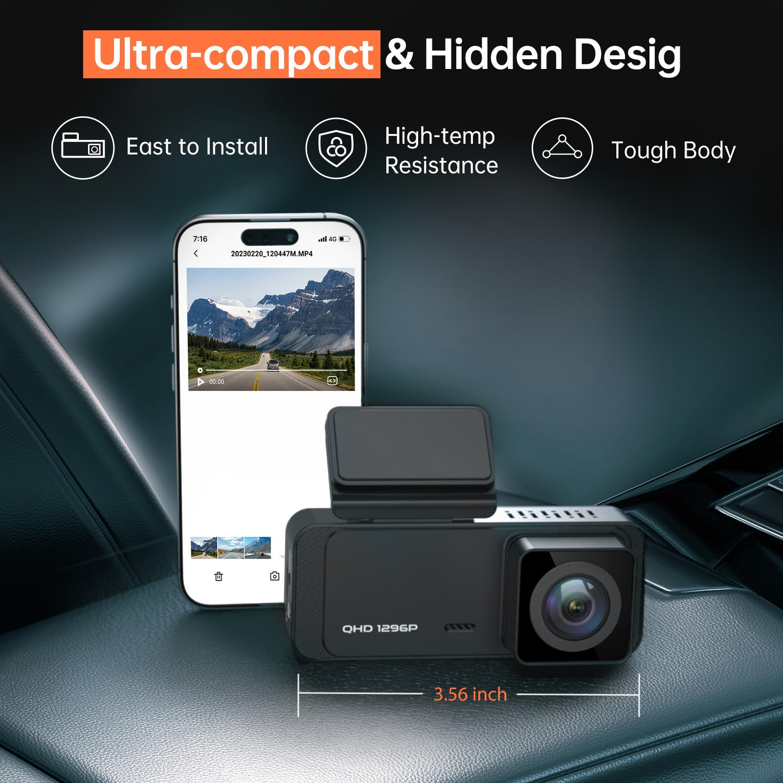 Dash Cam, 1296P Front Dashcam, Veement V300 WiFi Dash Camera for Cars with App, Night Vision, Mini Hidden Single Car Camera, Loop Recording, 24H Parking Mode, Support 256GB Max, Black