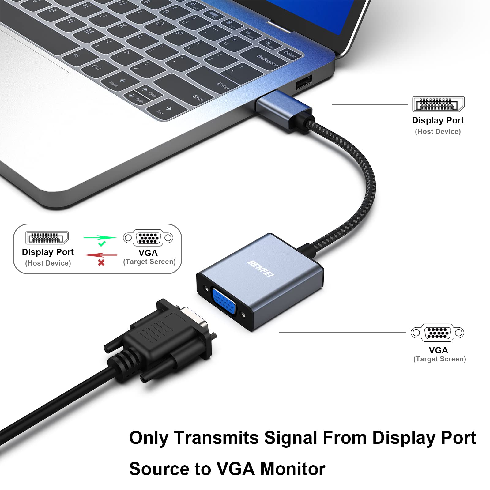 BENFEI DisplayPort to VGA Adapter, DisplayPort Input to VGA Output Adapter Compatible for Lenovo Dell HP and Other Brand[Gold-Plated Connectors, Aluminium Shell&Nylon Cable]