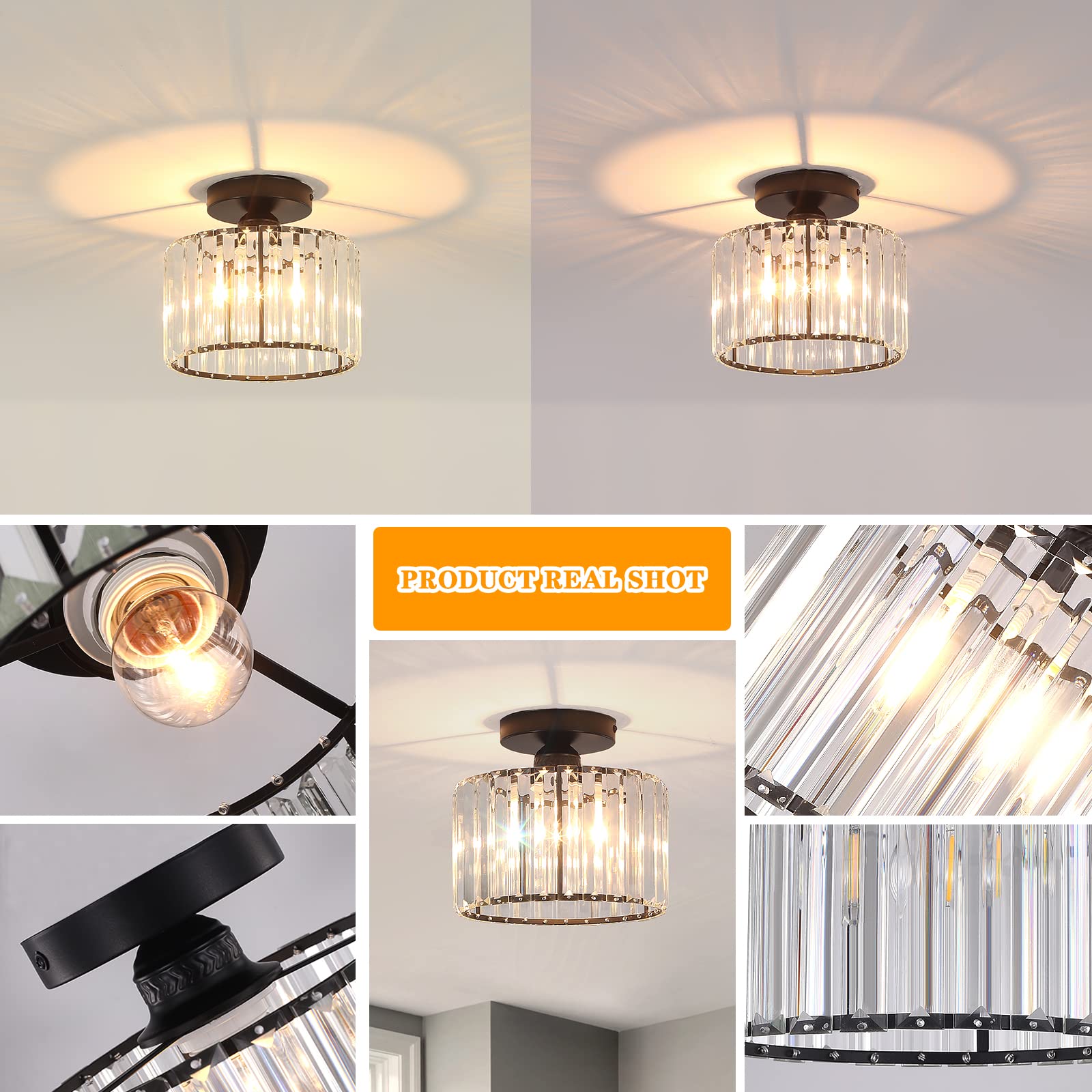 BUXVRCS Semi Flush Mount Ceiling Light, Modern Chandelier Crystal Ceiling Light Fixture,Small Close to Ceiling Light for Living Room Bedroom Hallway Bathroom Kitchen Entryway with E26 Base (Black)