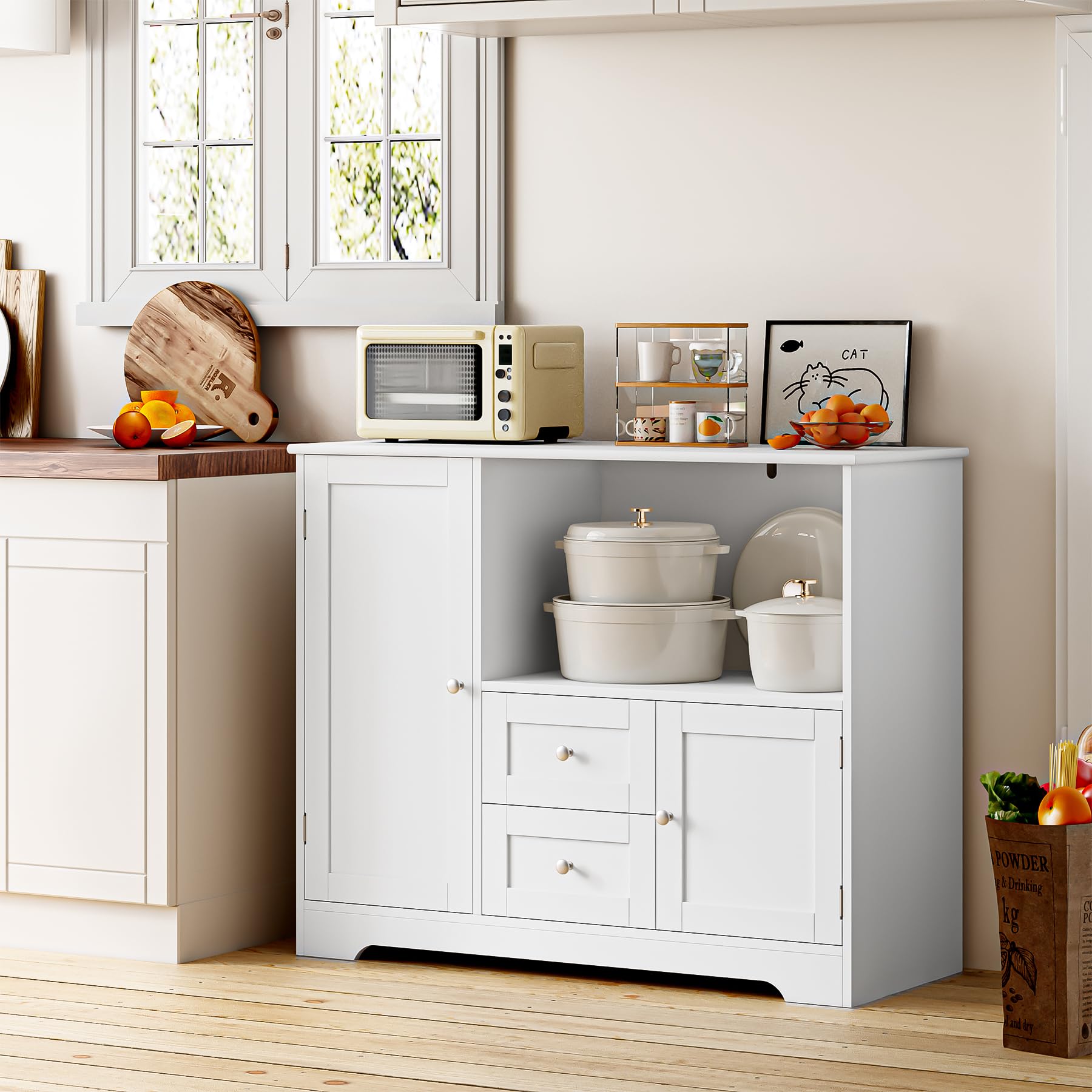 BOTLOG Buffet Cabinet with Microwave Stand, Kitchen Storage Cabinet with Door Shelf, Drawers and Adjustable Shelf, Kitchen Sideboard Cabinet with Storage Cabinet White Painted