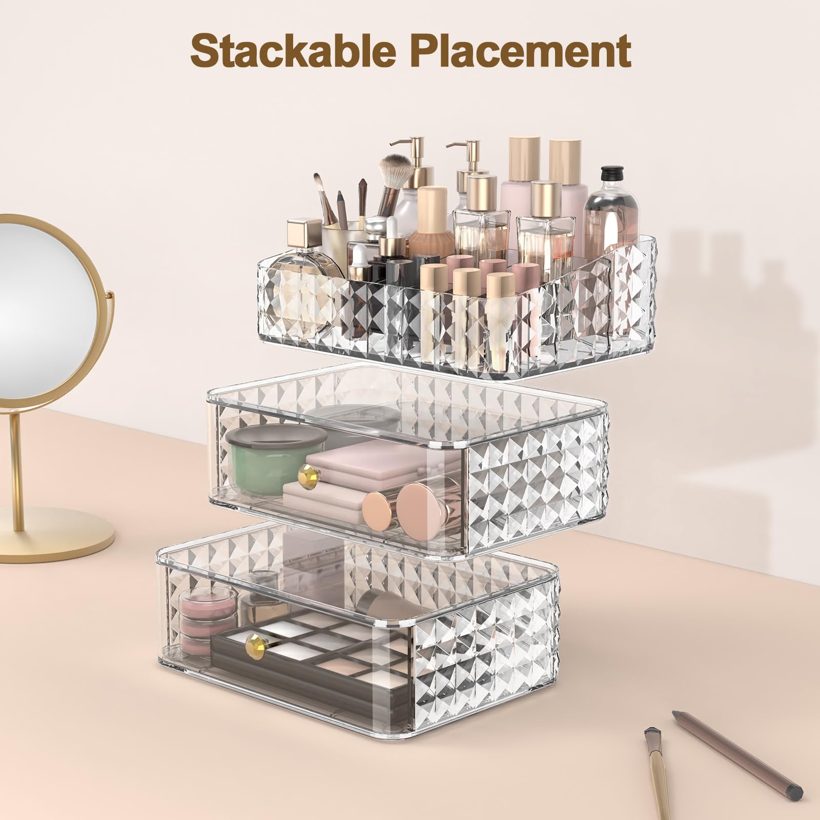 Rosoenvi Makeup Organizer for Vanity, Stackable Cosmetics Organizer and Storage, Cosmetic Display Cases with 2 Drawers and 1 Tray for Makeup Brush, Hair Accessories, Lipstick and Jewelry, Clear