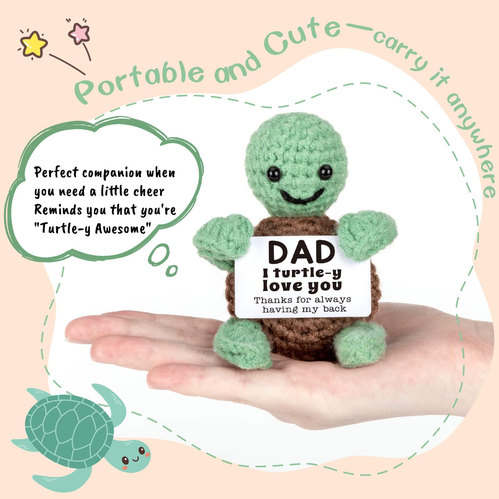 Mini Funny Turtle Valentines Day Gifts for Dad Birthday Gifts from Daughter Son, Father Daddy Gifts I Love You Dad Presents, Small Cute Dad Stuff Things, Handmade Emotional Positive Crochet Turtle