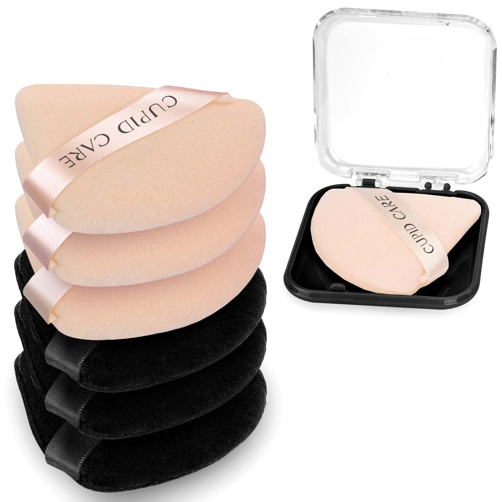 CUPID CARE 6 Pcs Triangle Powder Puff with 2 Travel Cases, Setting Powder Puffs for Face Powder and Foundation, Velour Makeup Puff for Loose Powder Body Powder, Skin-Friendly, Beauty Makeup Tools