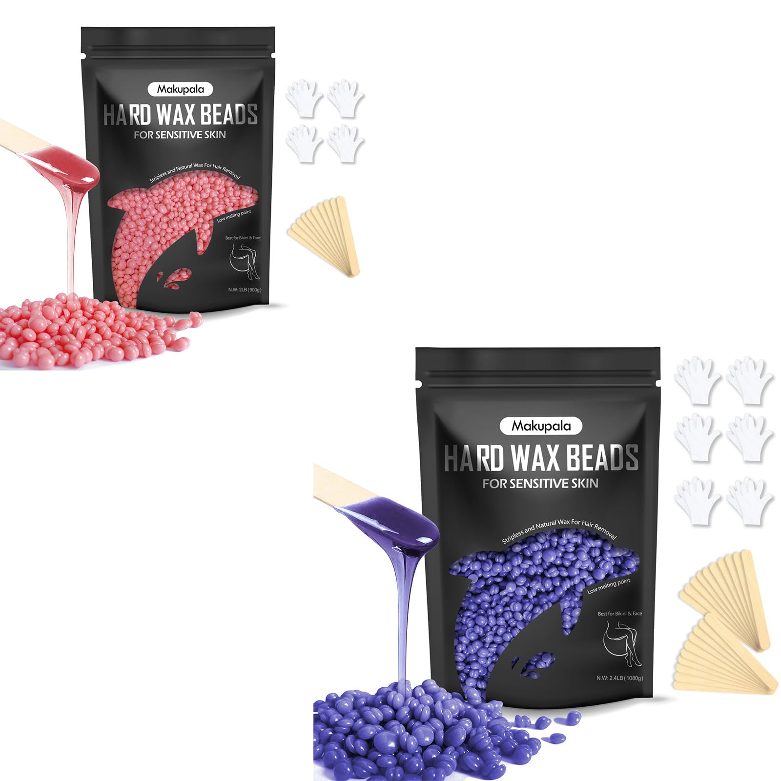 2lb Pink Hard Wax Beads for Sensitive Skin and 2.4lb Unscented Stripless Wax Beans for Bikini