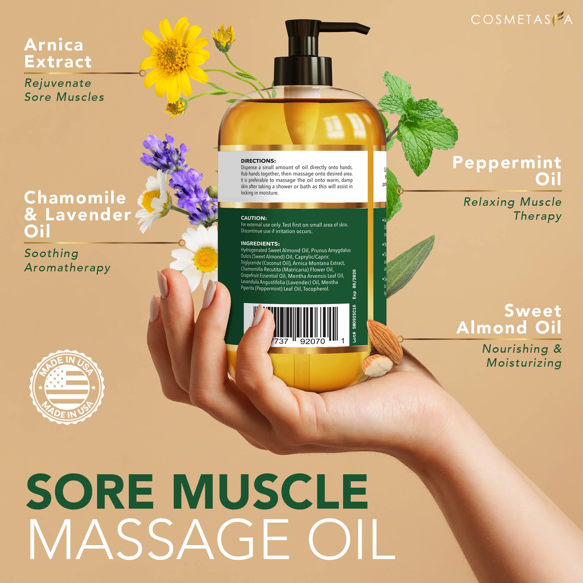 Cosmetasa Massage Oil for Sore Muscles with Roller Ball - Soothes Joints & Muscles with Arnica, Lavender Oil, Peppermint Oil & Chamomile Extract, Perfect Stocking Stuffers