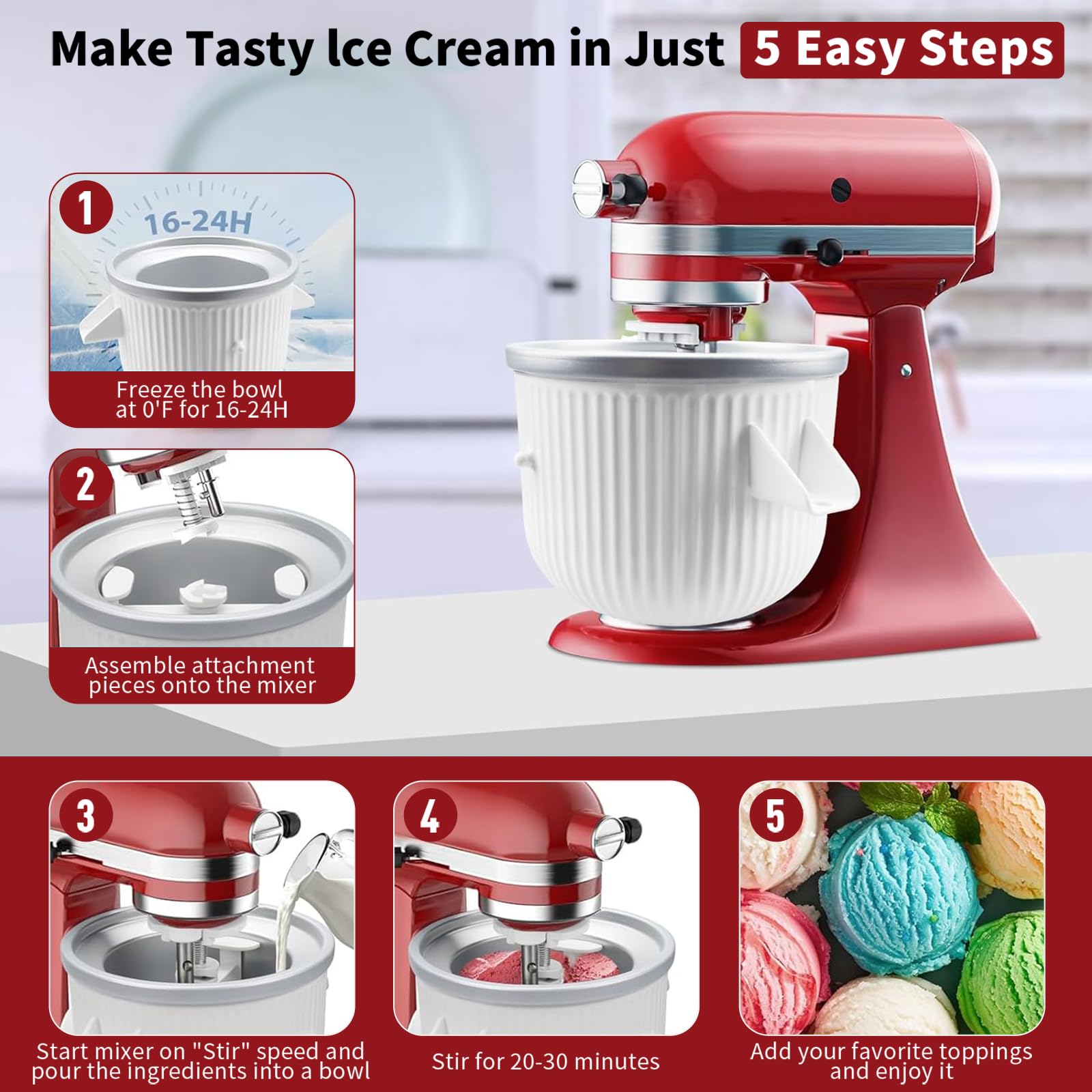 Ice Cream Attachment for KitchenAid Stand Mixer,Fits 4.5-5Qt Tilt-Head/6-7Qt Bowl-Lift Stand Mixers, 2-Quart Frozen Kitchenaid Ice Cream Maker Attachment, Ice Cream & Sorbet Gelato Maker by KassunKoch