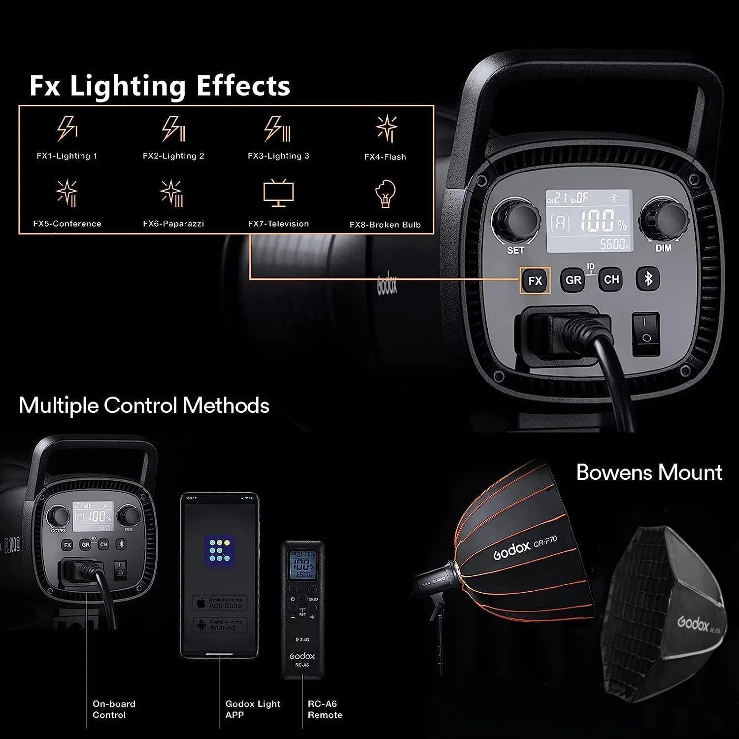 Godox SL60IID 70W LED Video Light, 18600Lux@1M 5600K COB LED Continuous Light, Bluetooth App&2.4G Wireless Remote Control 8 Built-in Fx Effects, TLCI/CRI 97+/96+Bowens Mount Studio Light