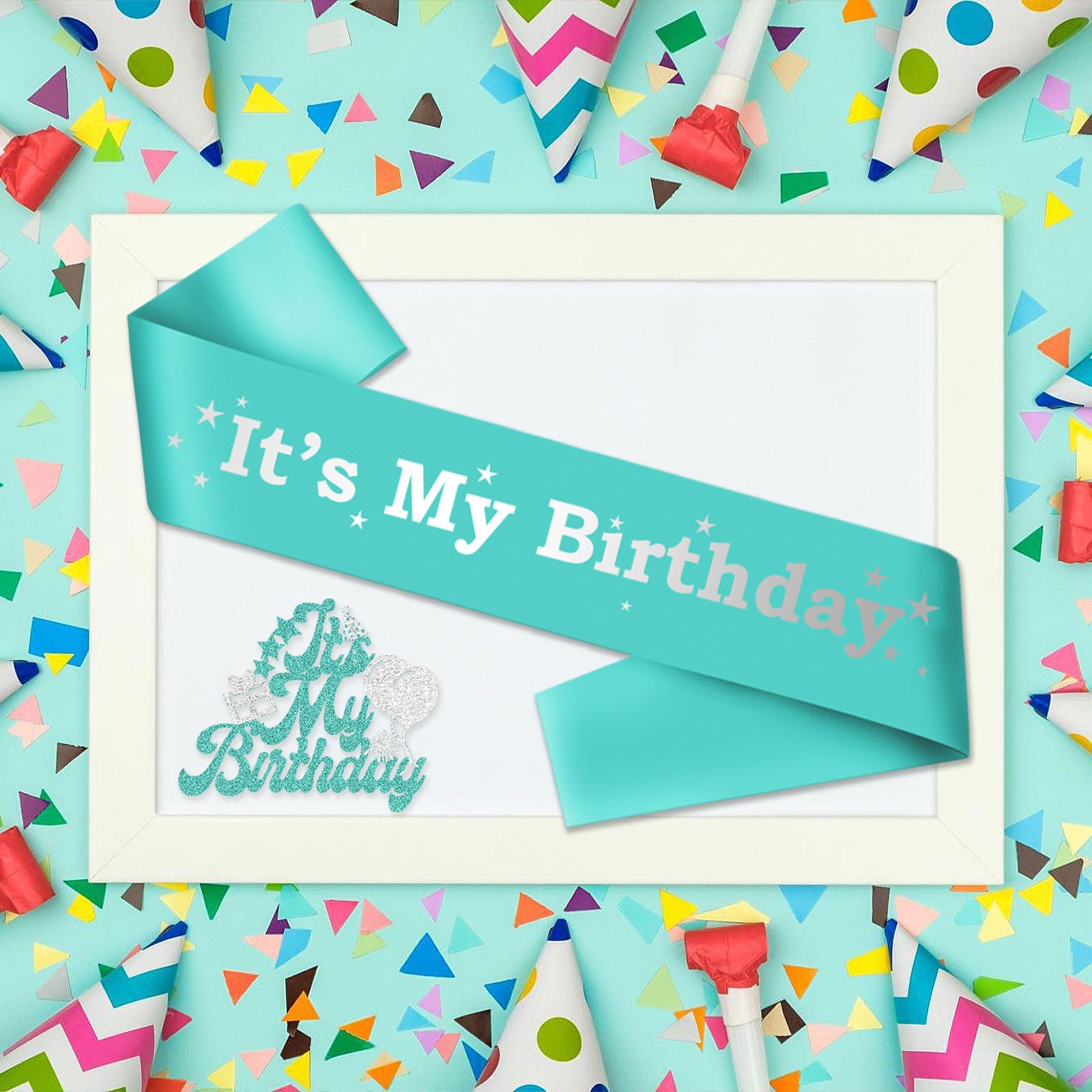 SKJIAYEE Teal Birthday Party Decorations for Girls Women, Silver Birthday Crown and Heart Star Foil Balloons, Happy Birthday Banner and Cake Topper, "It's My Birthday" Sash (Teal + Silver)