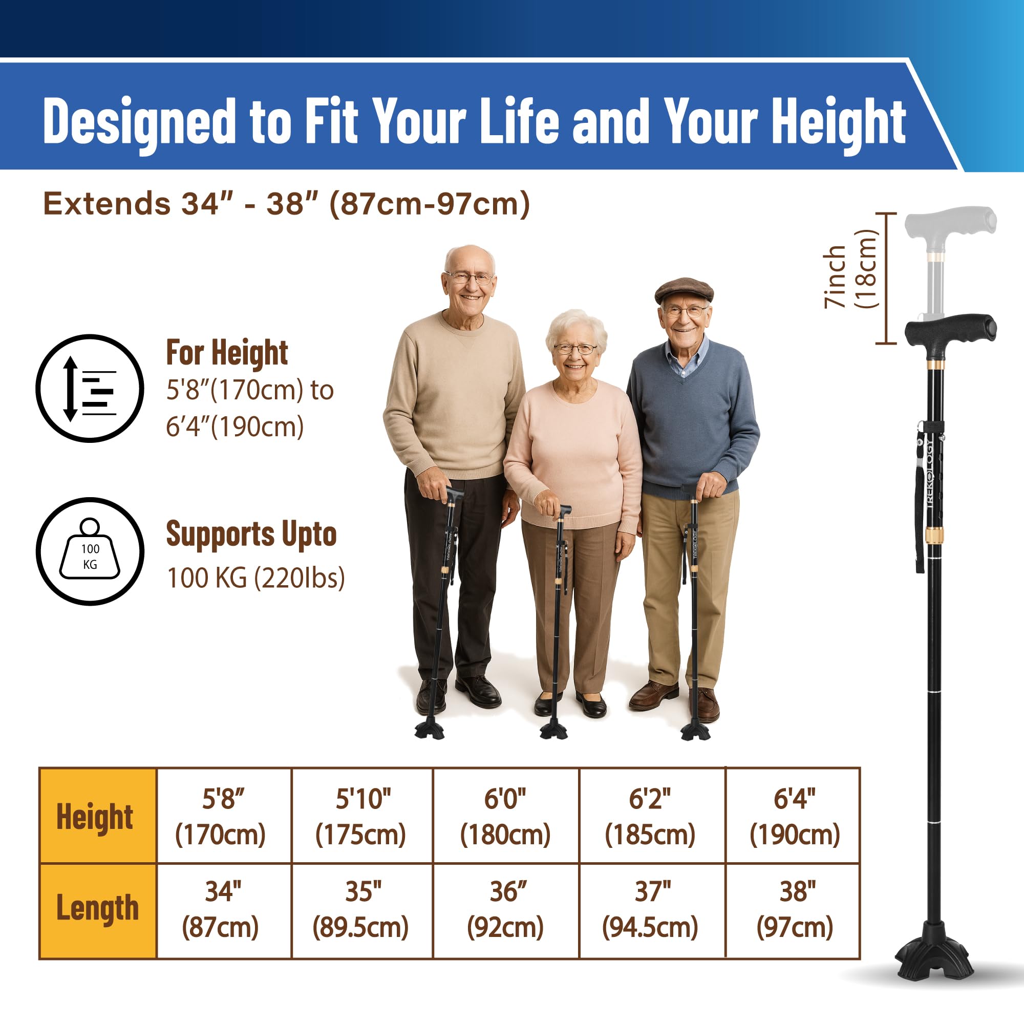 Trekology Foldable Walking Cane for Seniors - Folding Walking Stick for Men and Women with Quad Self-Standing Base for Stability & Balance - Adjustable, Lightweight with Locking Design - Travel Ready
