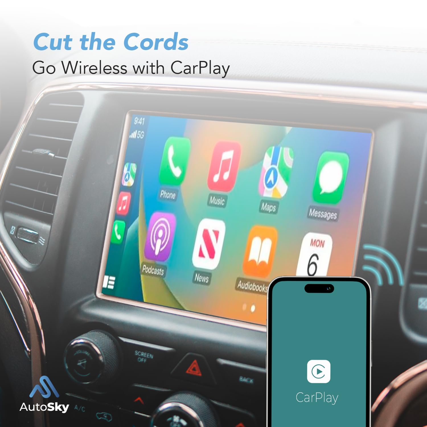 Wireless CarPlay Adapter - Fastest 5Ghz - AutoSky - Plug and Play - USB-C and USB-A Cables - Wired CarPlay Required