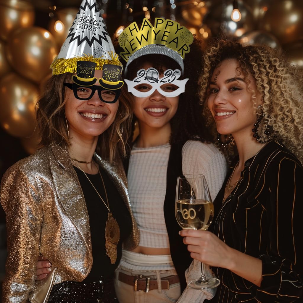 New Years Eve Party Supplies 2025 - 183 Pcs New Yeas Decorations 2025 Pack for 90 Guests, Comes with 42 New Years Hats, 24 New Years Tiara, 24 New Years Glasses, 90 Noiese Makers and 2025 Balloons