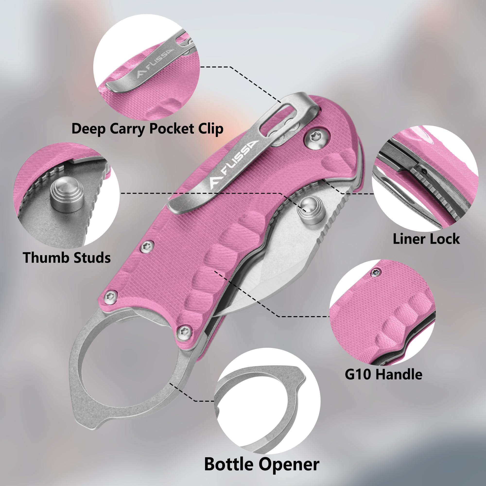 FLISSA 4" Small Folding Pocket Knife, Lightweight Utility Knife, Pink G10 Handle, EDC Pocket Knife with 8Cr13MoV Steel Blade, Carry Pocket Clip, Bottle Opener and Flat Head Screwdriver, Liner Lock