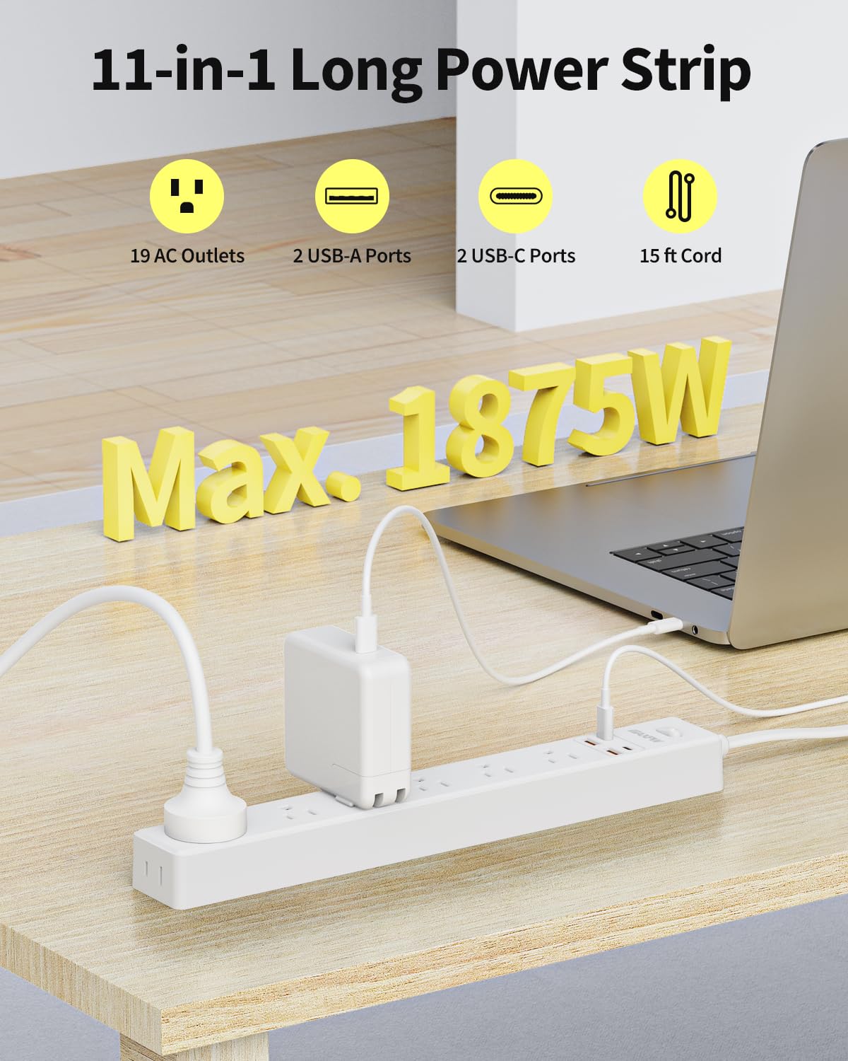 15 Ft Power Strip Surge Protector - 7 Outlets 4 USB Ports (2 USB C), Maxpw Ultra Thin Flat Extension Cord & Flat Plug, 1700 Joules, Wall Mount, Desk Charging Station for Home Office Dorm, White