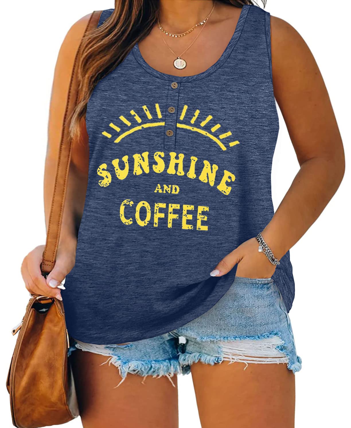 Plus Size Tank Tops for Women Summer Sleeveless Henley T-Shirts Tops Casual Sunshine Coffee Graphic Tee Tunics Shirts