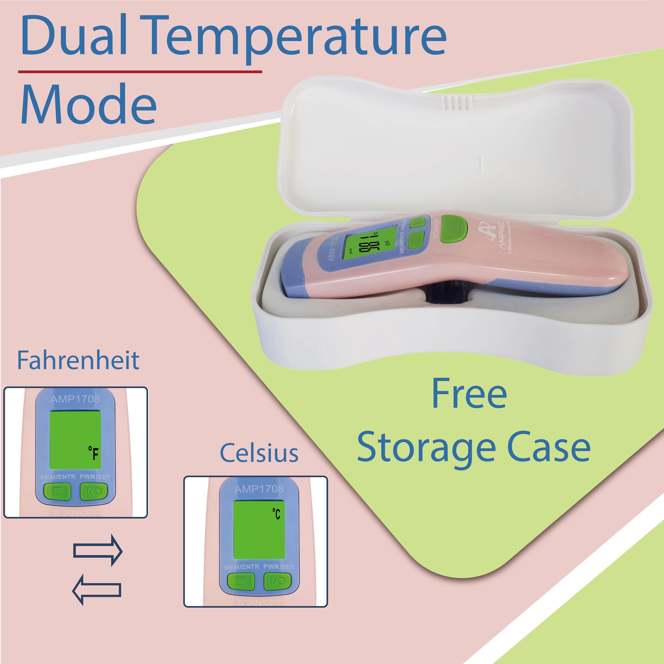 Amplim Ampmed Non Contact/No Touch Digital Forehead Thermometer for Adults, Kids, and Babies, Touchless Temporal Thermometer with Storage Case. FSA HSA Approved - Pink