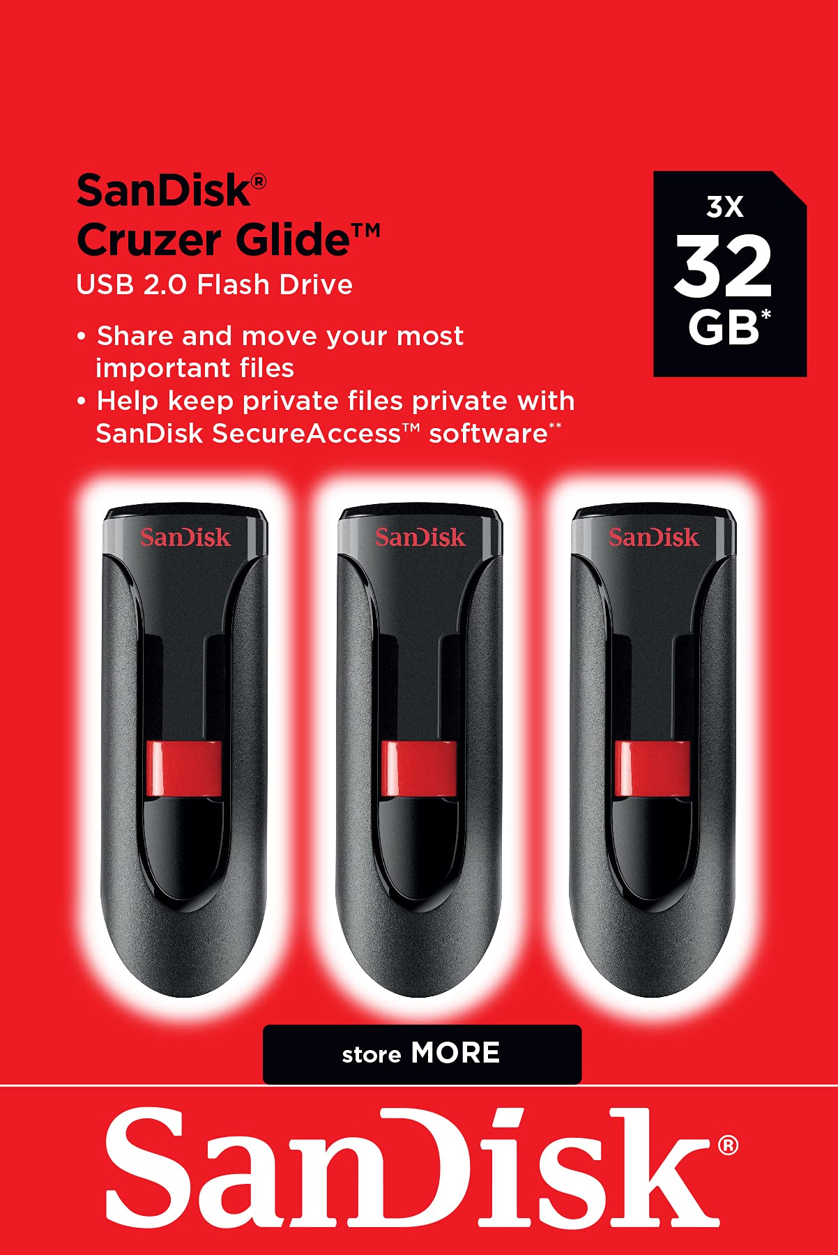 SANDISK 32GB 3-Pack Cruzer Glide USB 2.0 Flash Drive (3x32GB) - SDCZ60-032G-G46T