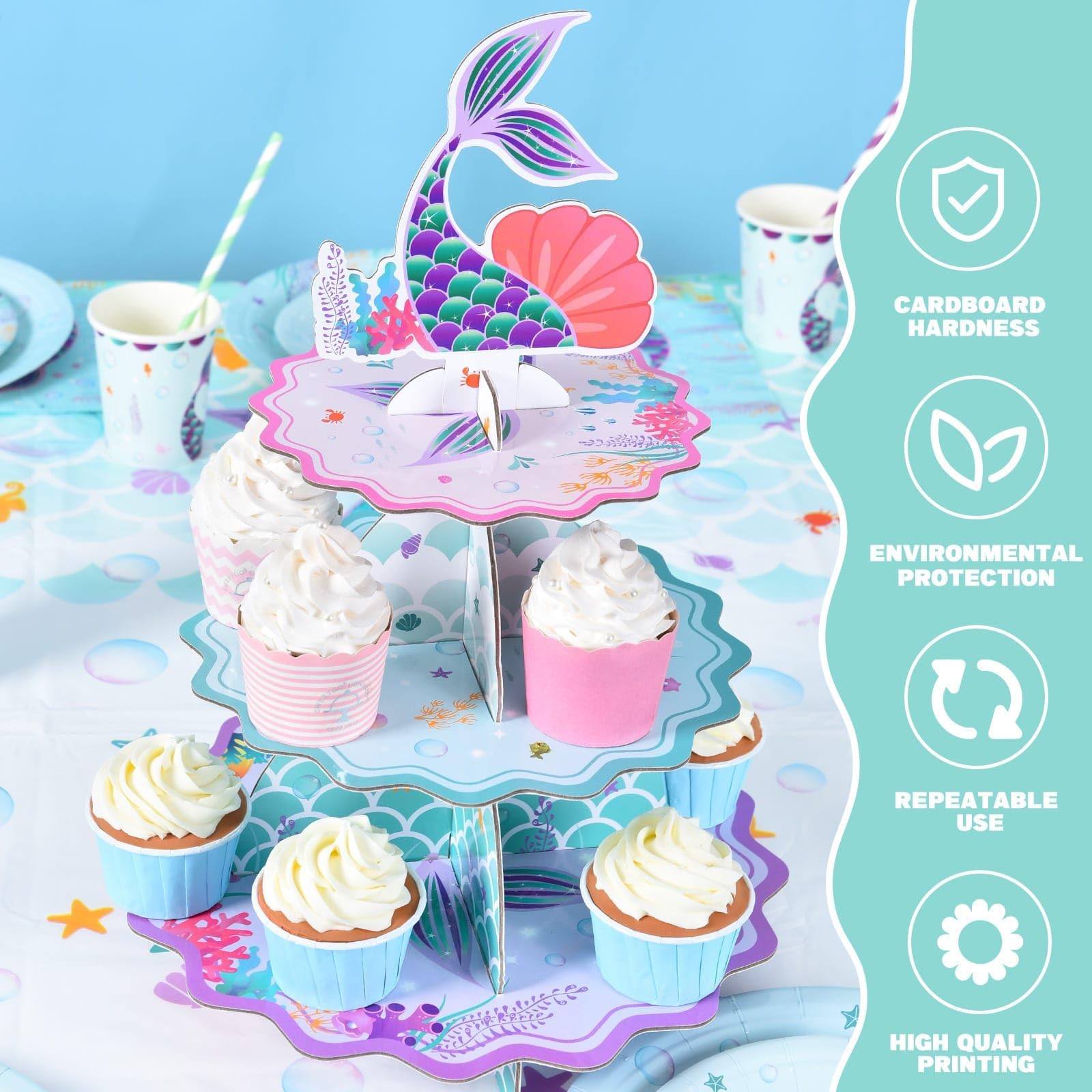 WERNNSAI Mermaid Cupcake Stand - Mermaid Birthday Party Decorations for Kids Girls 3-Tier Cardboard Cupcake Stand Dessert Tower Holder Round Serving Tray Stand Mermaid Theme Baby Shower Party Supplies