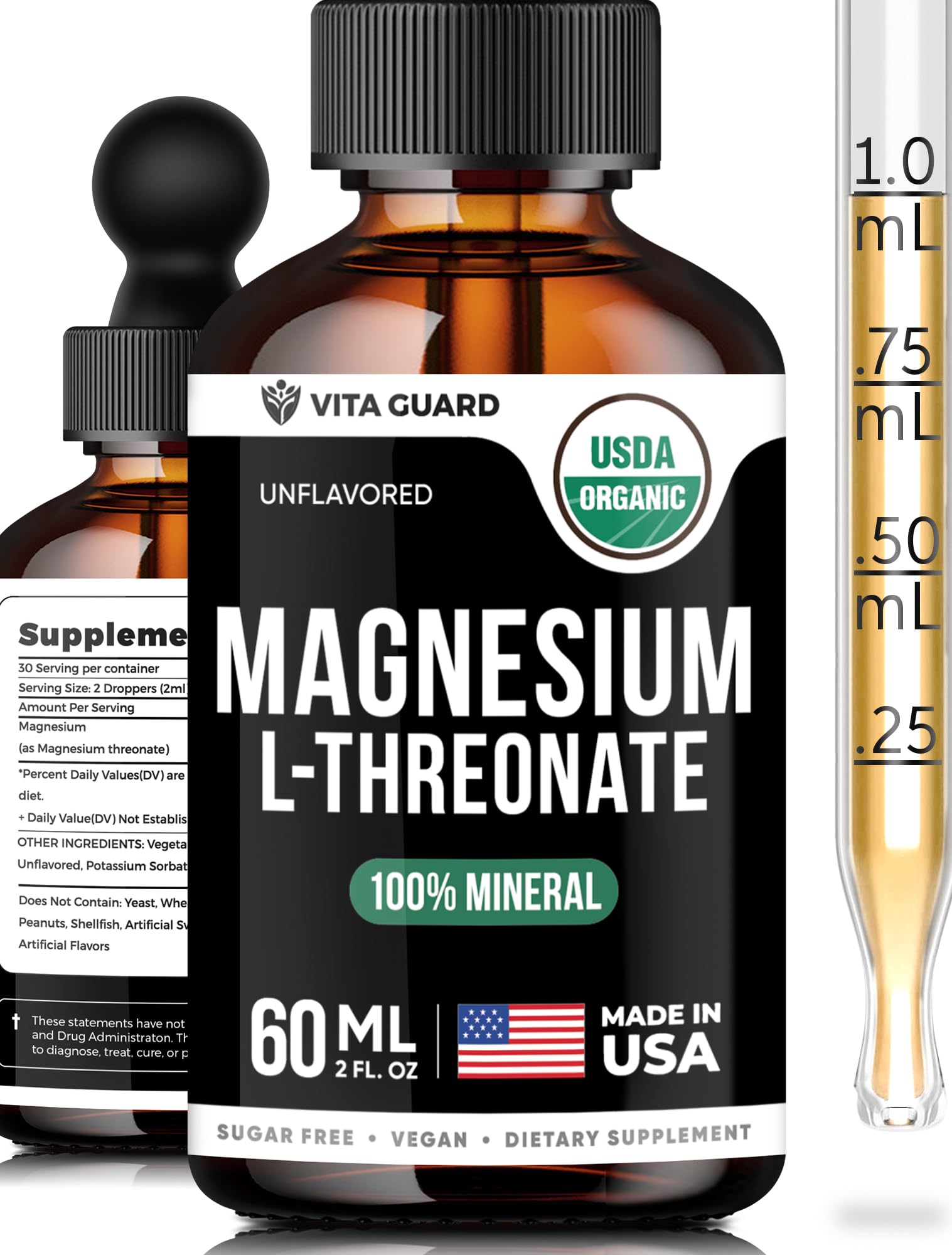 Vita Guard Magnesium L-Threonate Liquid Drops - 500mg Vegan Formula for Brain Health & Stress Relief, Unflavored, 60ML 2 fl oz | Gluten-Free, Non-GMO