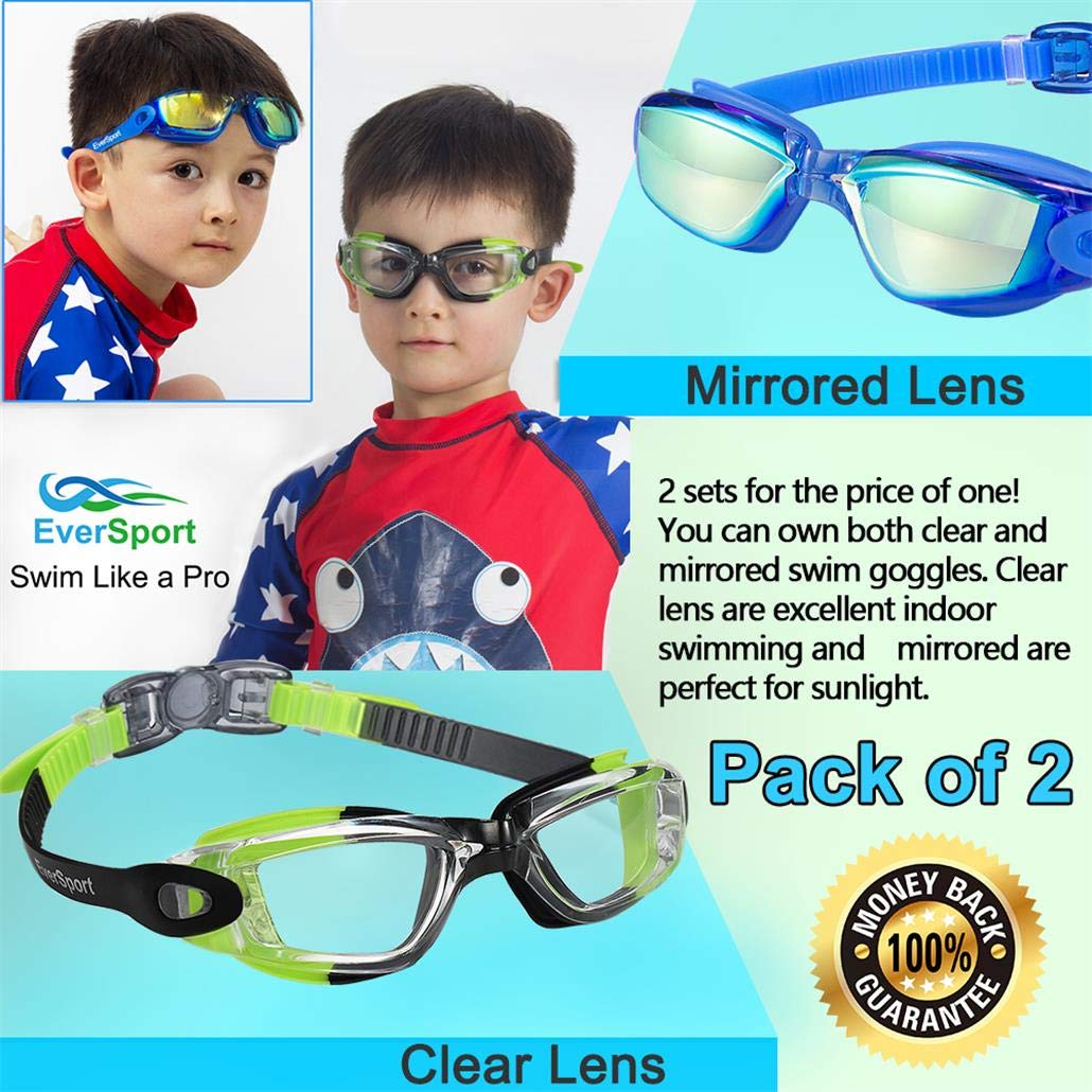 EverSport Kids Swim Goggles, Pack of 2 Swimming Goggles for Children Teens, Portable Anti-Fog Anti-UV Youth Swim Glasses Leak Proof for Age4-16, Green/Black & Mirrored Blue