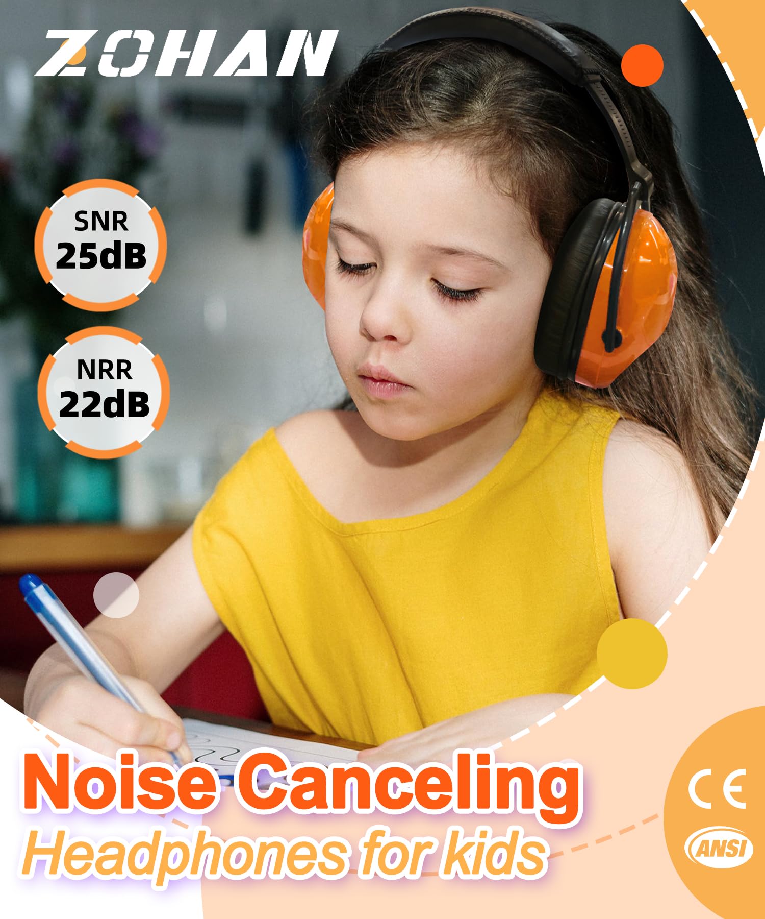 ZOHAN 030 Kids Ear Protection for Noise 2 Pack, Kids Noise Cancelling Headphones for Autism,Teen, NO Metal, 26dB (Blue+Orange)