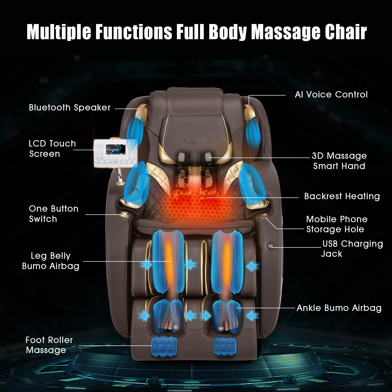 Artist hand Massage Chair Full Body, SL Track Zero Gravity Massage Chair Recliner with 12 Modes, Bluetooth, Body Scan, Foot Roller & Airbags Massage, AI Voice Control (Brown)