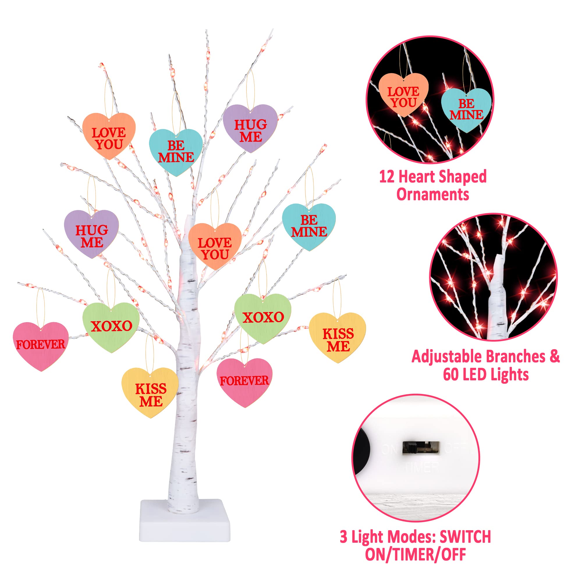 [Timer] Valentines Day Decoration 24 Inch Valentines Decor Tree Light with 12 Heart Ornaments, USB/Battery Operated Valentines Day Decor Lighted Tree, Valentines Day Decorations for Home Table Bedroom