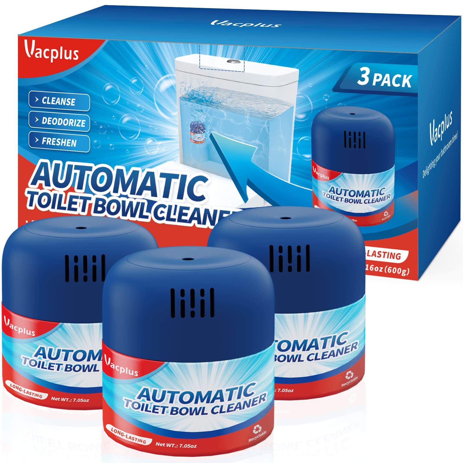 Vacplus Toilet Bowl Cleaners - 3 Pack, Automatic Long-Lasting Toilet Cleaner Bottles, Easy-to-Use & Powerful Cleaning