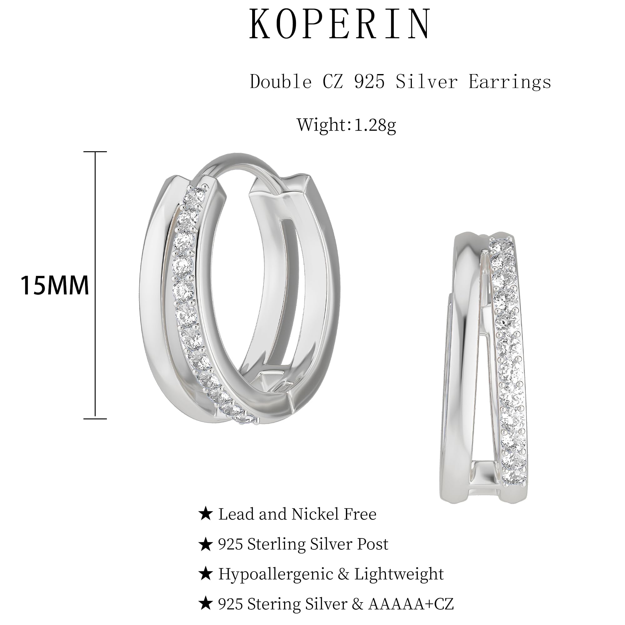 Dainty 925 Sterling Silver Cubic Zirconia Huggie Hoop Earrings - Lightweight Hypoallergenic Double CZ Spiral Hoops for Women and Girls