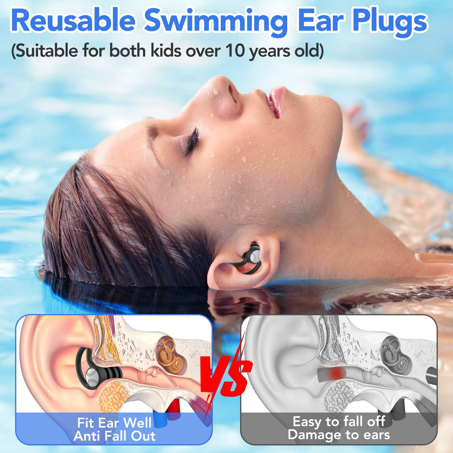 Swimming Ear Plugs Waterproof Earplugs - 3 Pairs Silicone Swim Ear Plugs for Adult Kids, Water Sports Earplugs for Showering, Bathing, Surfing - Keep Ear Water Out.