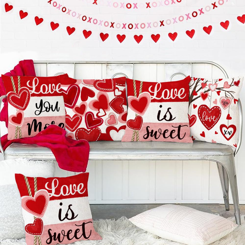 GEEORY Valentine's Day Throw Pillow Covers 18x18 Inch Set of 4, Valentines Red Hearts Love You More Decorative Farmhouse Holiday Cushion Case for Home Decoration G443-18