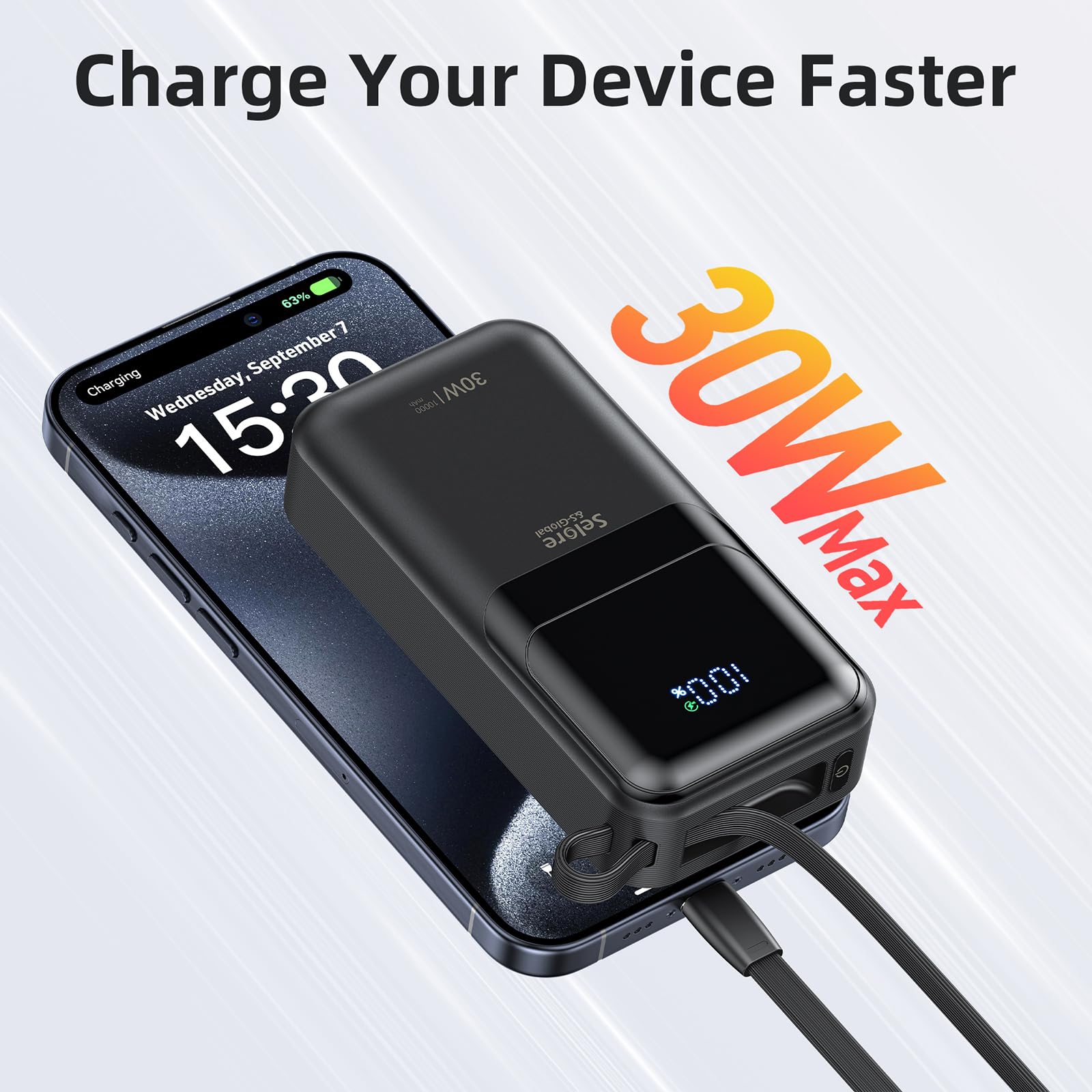 Portable Charger Power Bank 30W, Portable Phone Charger Fast Charging Battery Pack 10000mAh, 4 Outputs USB C Travel Portable Chargers with Built in Cable for iPhone 16/15/14, MacBook, iPad, Samsung