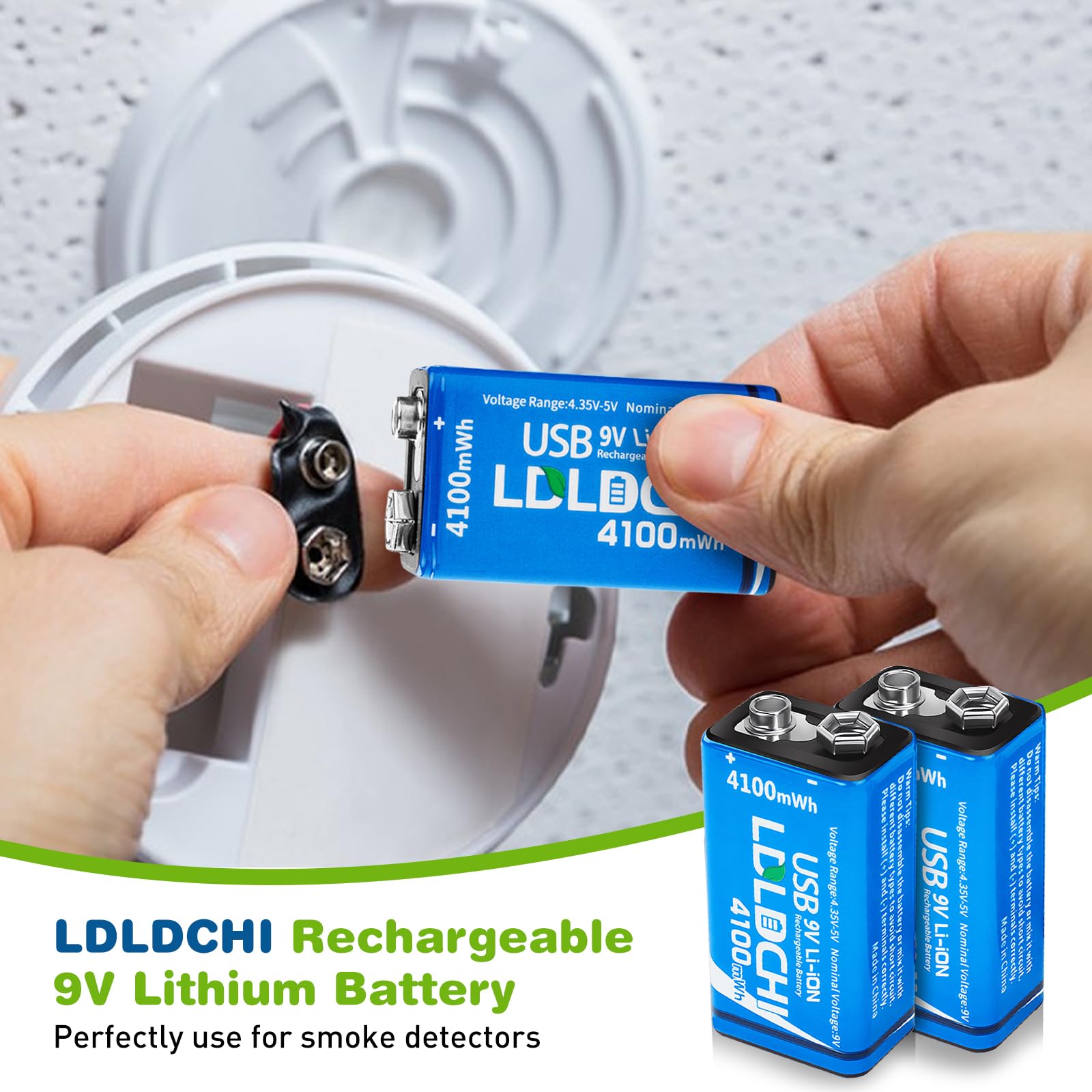 LDLDCHI Rechargeable 9V Lithium Batteries 4100mWh with 4-in1 Charging Cable - 6F22 9 Volt Batteries 4 Pack, Over 500 Cycles, for Smoke Detector Alarms, Microphones, Guitar