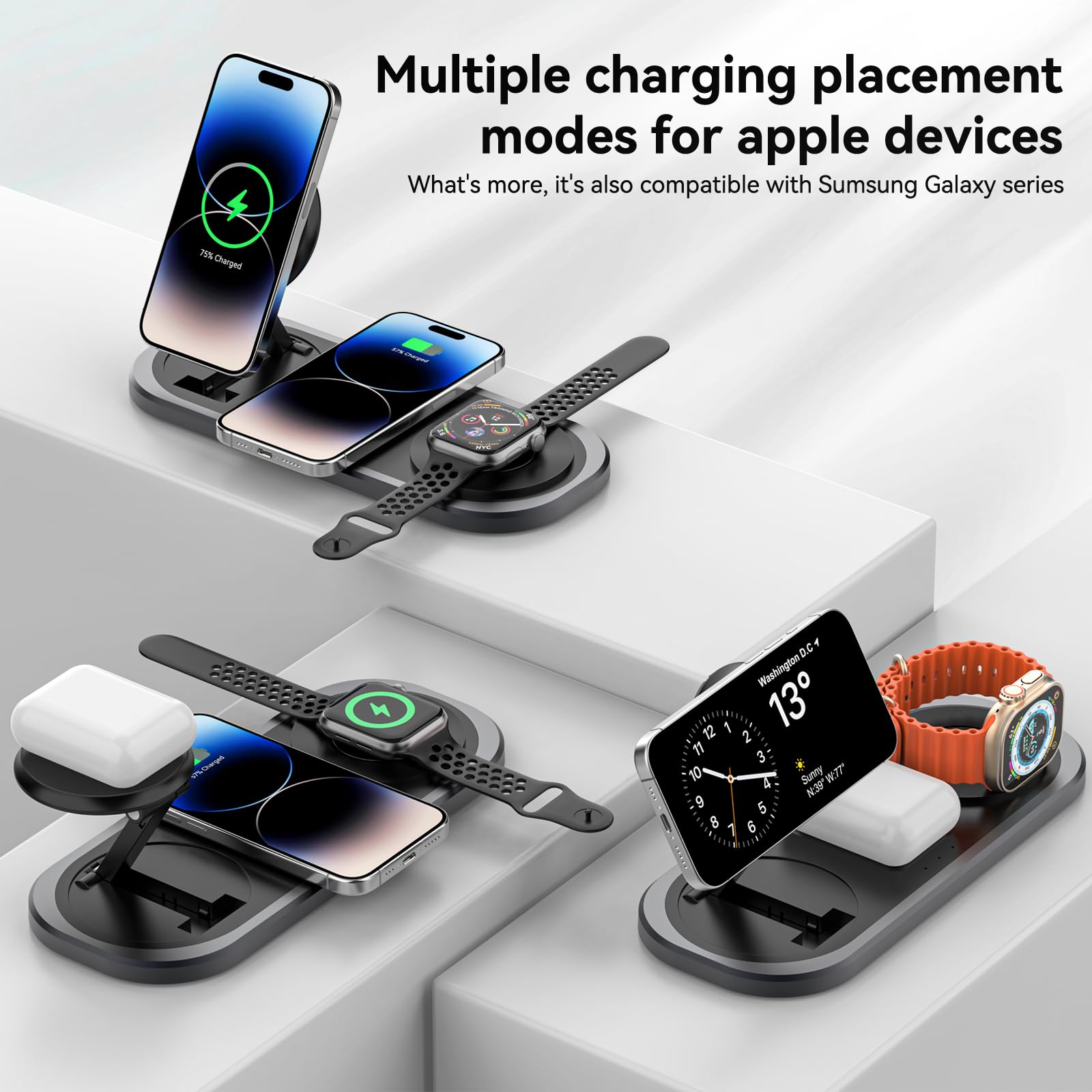 3 in 1 Wireless Charger for iPhone, Foldable Charging Station for Magsafe for iPhone 16/15/14/13/12/Pro Max/Pro/Mini/Plus, Apple Watch 10/9/8/7/SE/6/5/4/3/2/1/Ultra2/Ultra, AirPods pro/2/3/4 (Black)